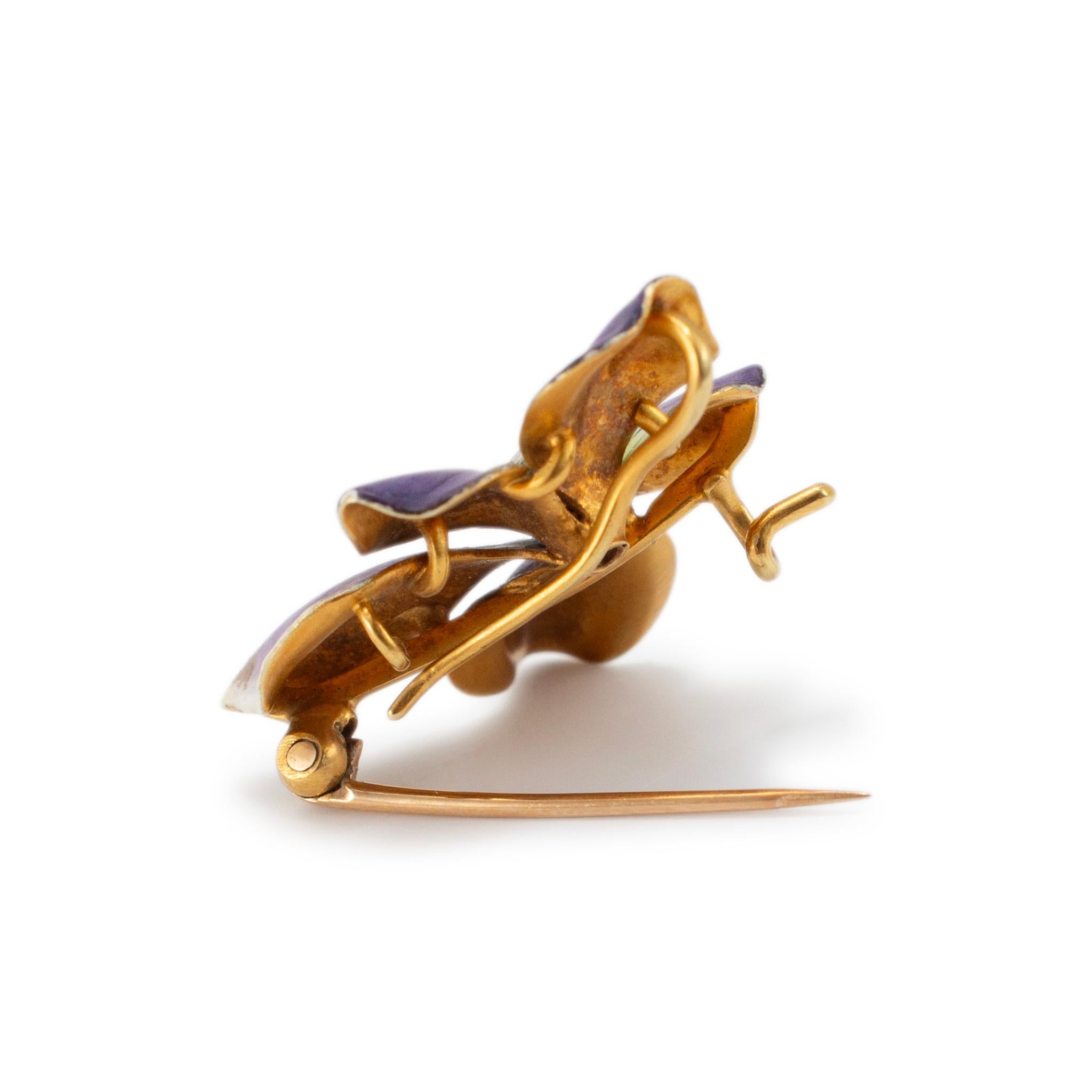 Broche ancienne en or jaune 18 carats, émaillée et diamants violets taille vieille Europe Pour femmes en vente