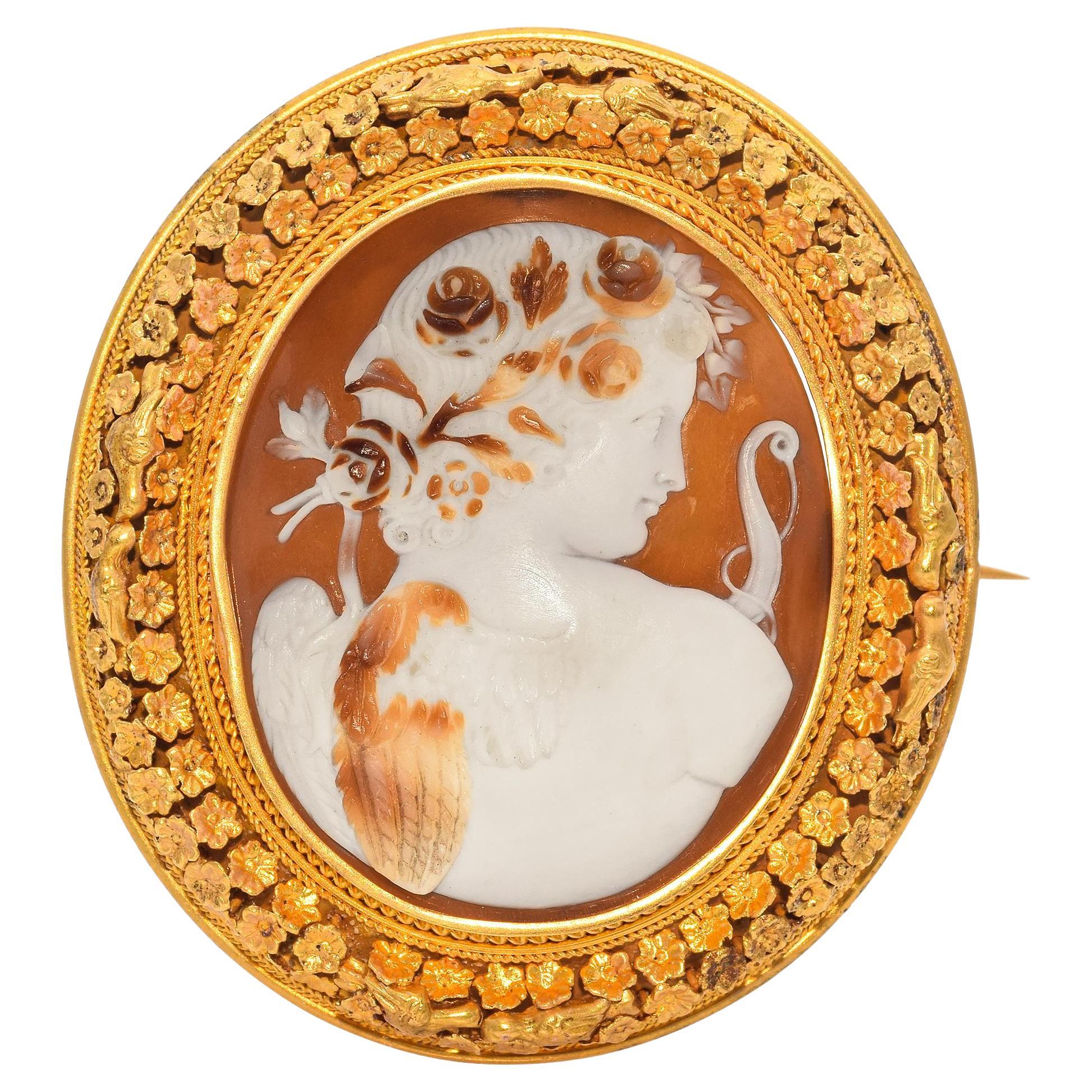 Antique 18K Yellow Gold Eros Shell Cameo Brooch