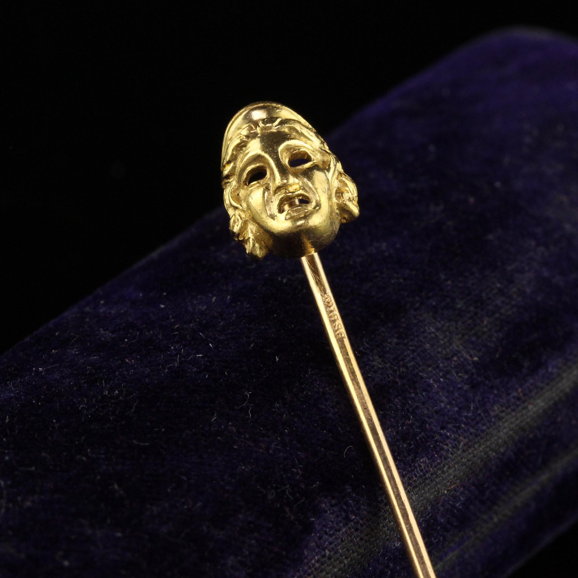 Antique 18K Yellow Gold French Melpomene and Thalia Mask Stick Pin 2