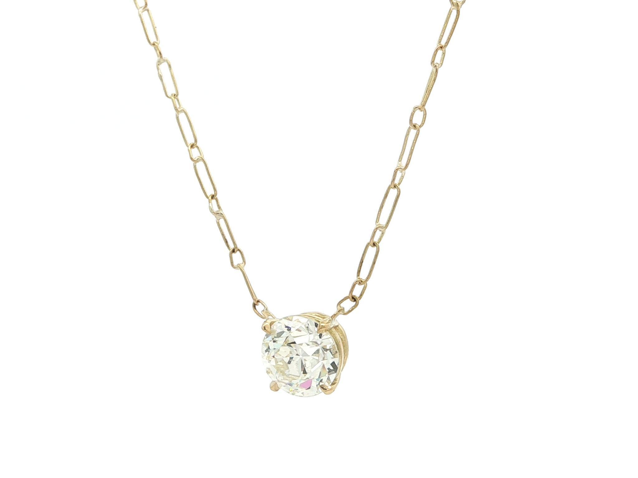 Antique 18k Yellow Gold GIA 2.10ctw M SI1 Old Diamond Solitaire Handmade Chain