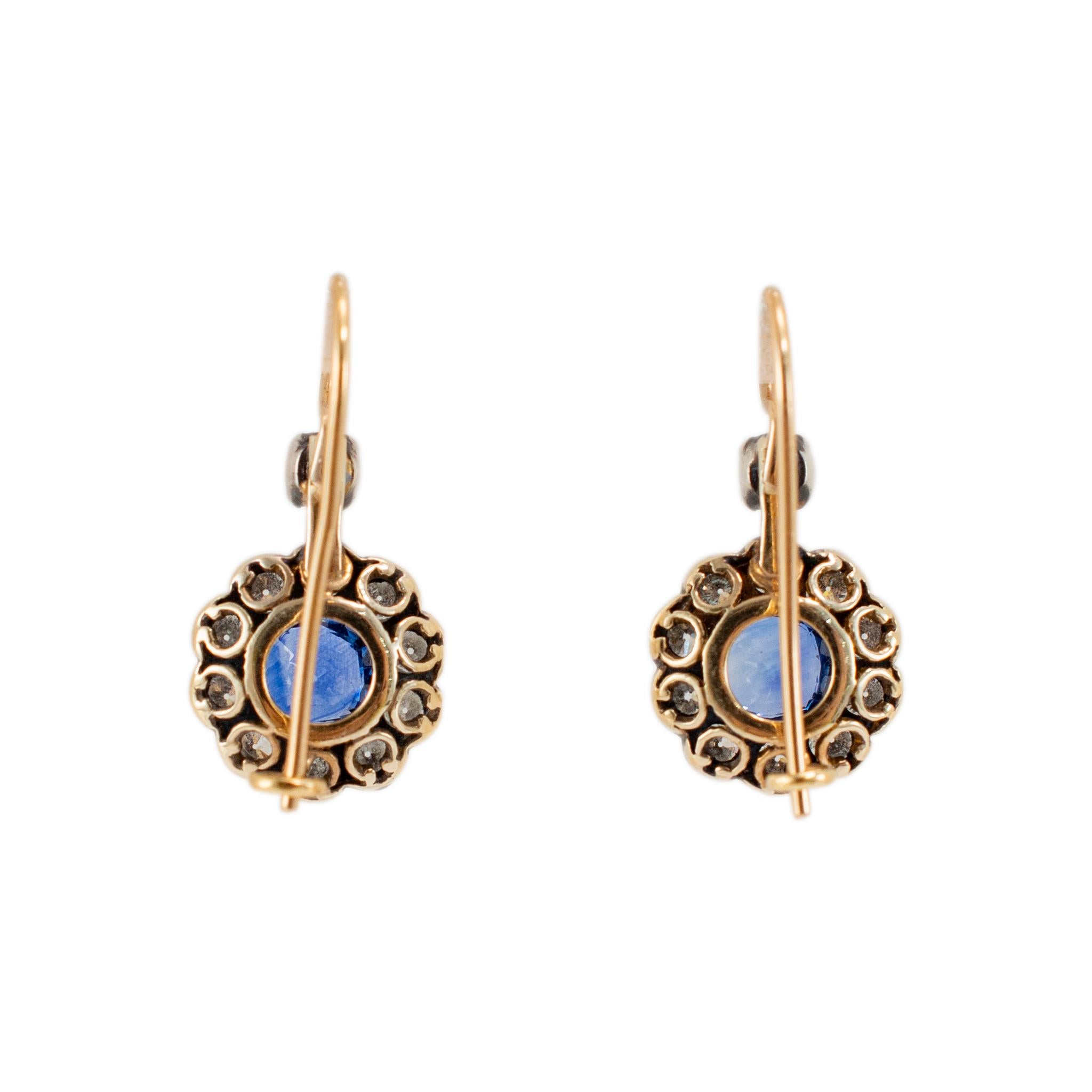 Taille vieille Europe Boucles d'oreilles anciennes en or jaune 18 carats GIA saphirs du Sri Lanka diamants de l'Europe ancienne en vente
