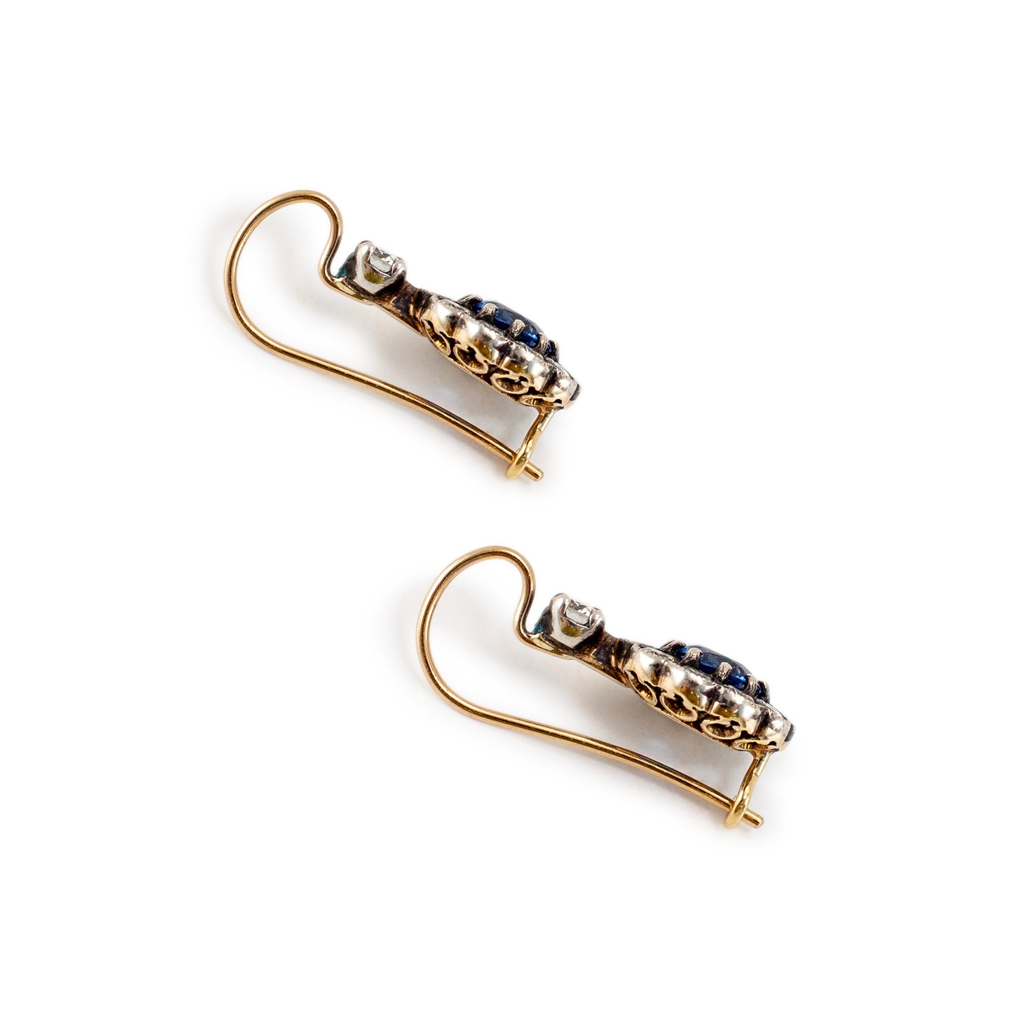 Boucles d'oreilles anciennes en or jaune 18 carats GIA saphirs du Sri Lanka diamants de l'Europe ancienne Excellent état - En vente à Houston, TX