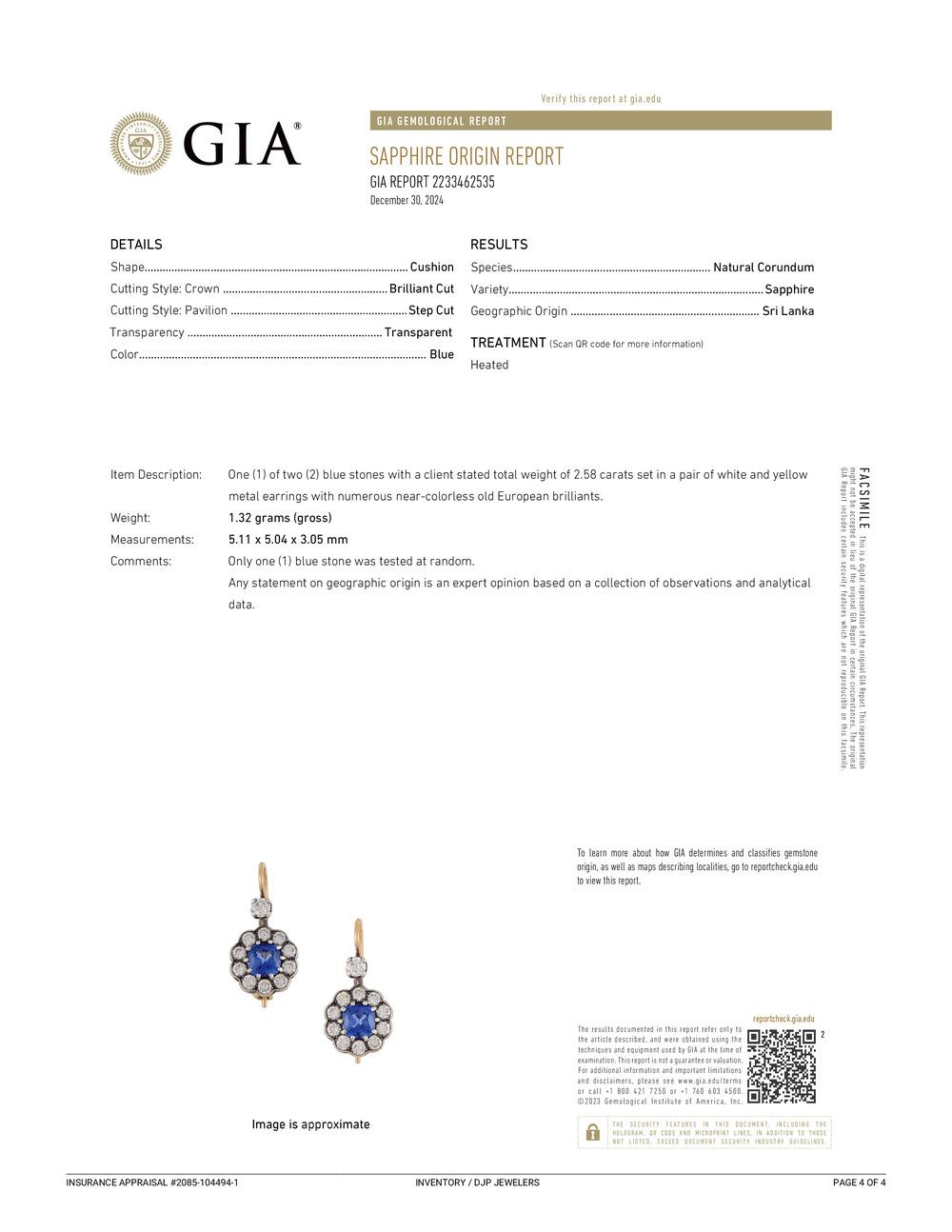 Boucles d'oreilles anciennes en or jaune 18 carats GIA saphirs du Sri Lanka diamants de l'Europe ancienne en vente 1