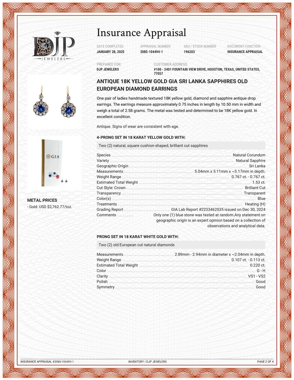 Boucles d'oreilles anciennes en or jaune 18 carats GIA saphirs du Sri Lanka diamants de l'Europe ancienne en vente 2