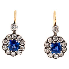 Boucles d'oreilles anciennes en or jaune 18 carats GIA saphirs du Sri Lanka diamants de l'Europe ancienne