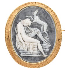 Antique 18k Yellow Gold Hardstone Cameo Shepherd With His Dog Brooch