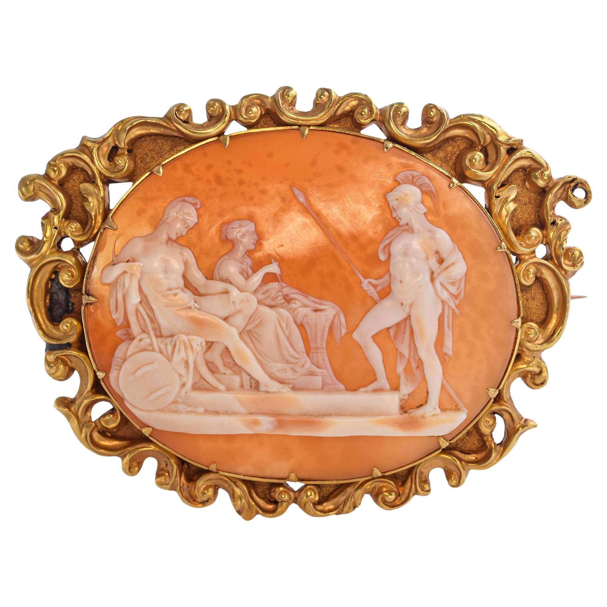 Antique 18k Yellow Gold "Hector going to see Paris" Cameo Brooch
