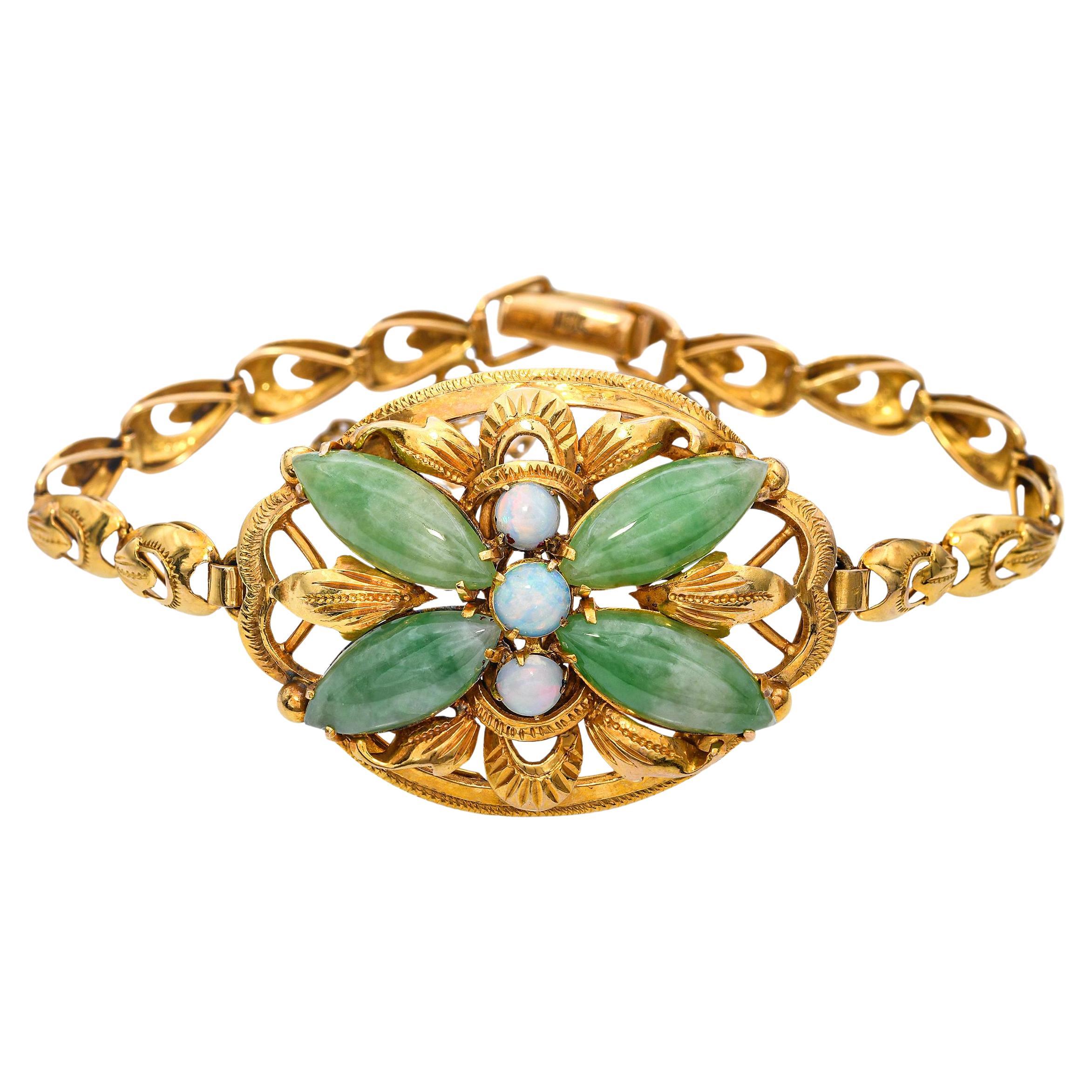 Antique 18k Yellow Gold Jade and Opal Butterfly Bracelet For Sale