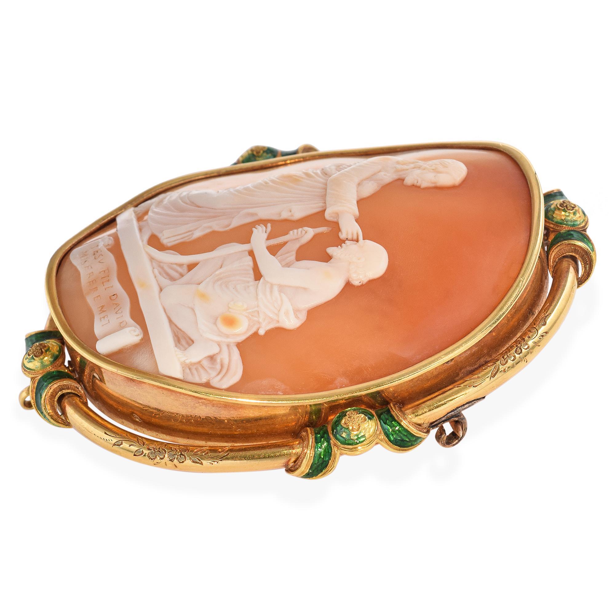 This extraordinary antique cameo depicts the biblical scene of Jesus restoring sight to a blind man, intricately carved in high relief and set in a rich 18K yellow gold frame. The composition captures a moment of divine compassion and healing with