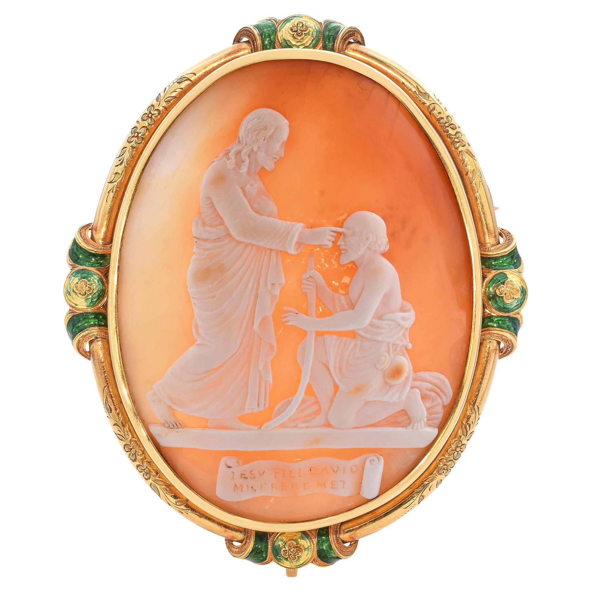 Antique 18k Yellow Gold Jesus Restoring Sight To A Blind Man Cameo Brooch For Sale