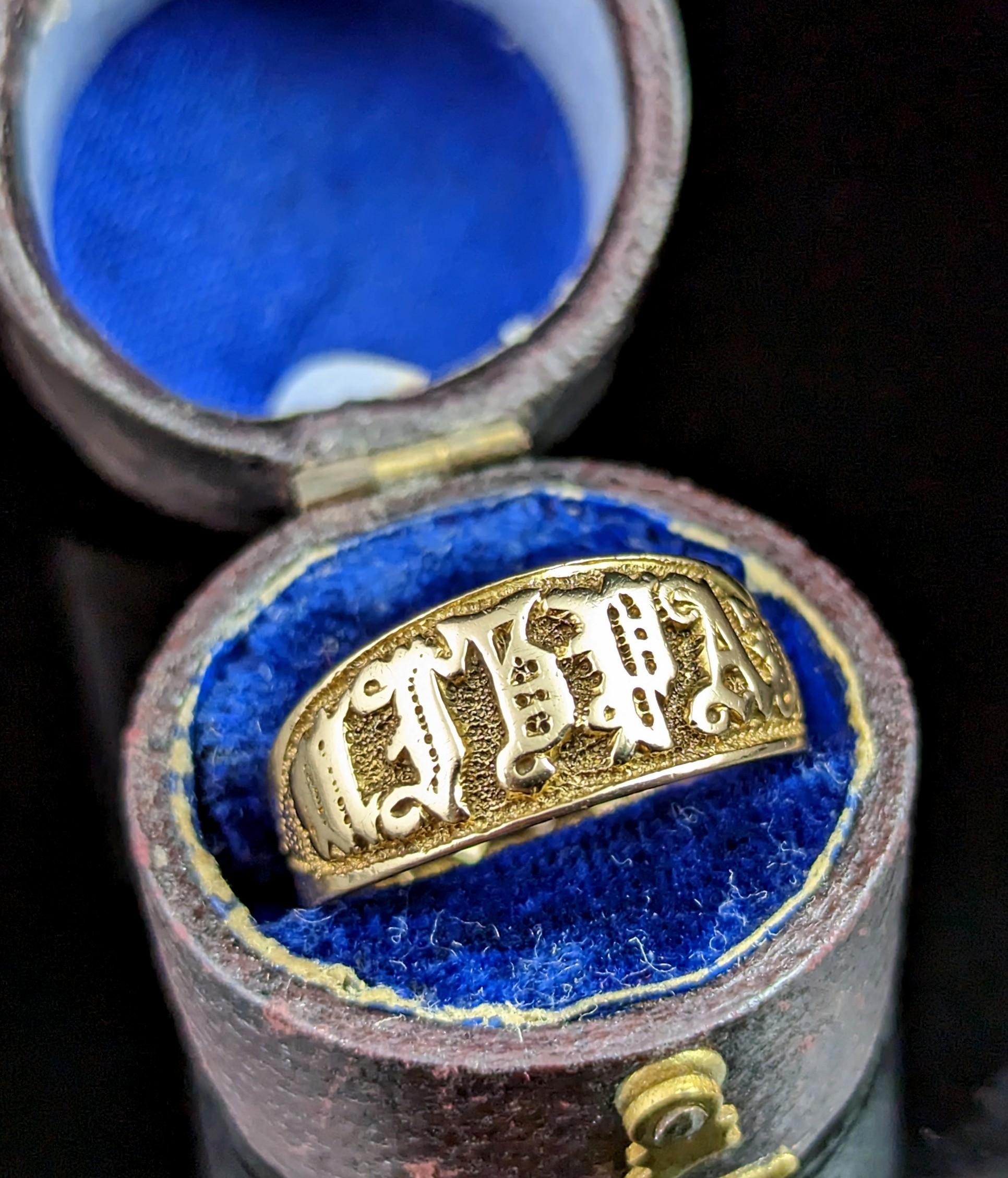 You can't help but be charmed by this beautiful, Victorian 18kt yellow gold Mizpah ring.

A stunning piece with a wide face and gothic lettering across the front spelling out the word Mizpah.

Mizpah is an old Biblical Hebrew term meaning watchtower