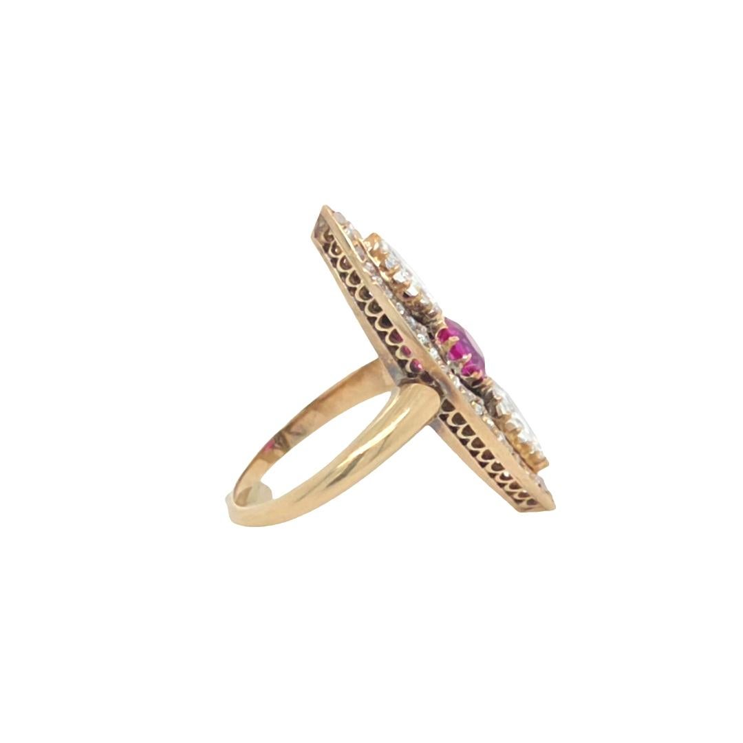 Art Deco Antique 18K Yellow Gold Navette Ring with Pink Sapphire, Marquise & Rose Cut Dia For Sale