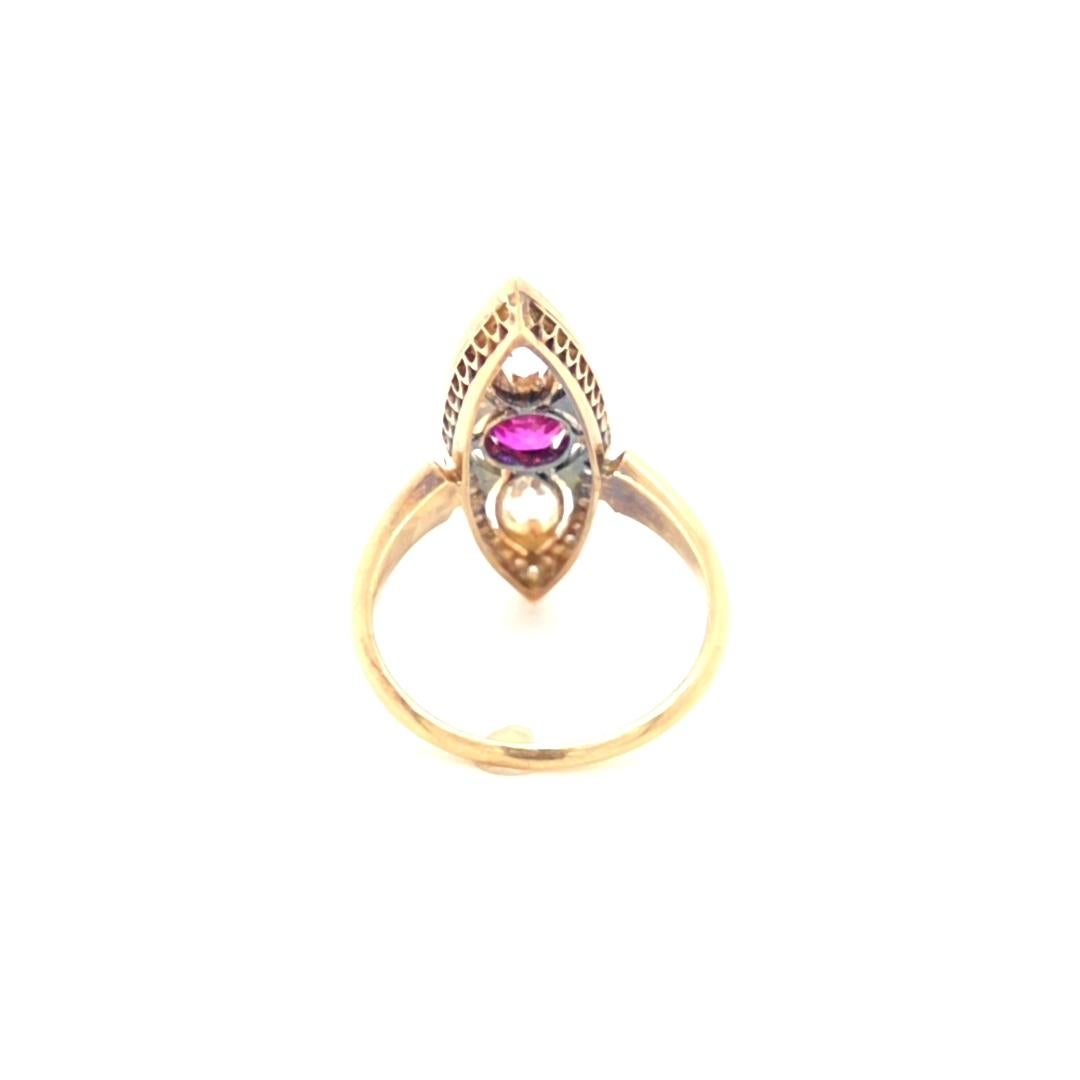 Marquise Cut Antique 18K Yellow Gold Navette Ring with Pink Sapphire, Marquise & Rose Cut Dia For Sale