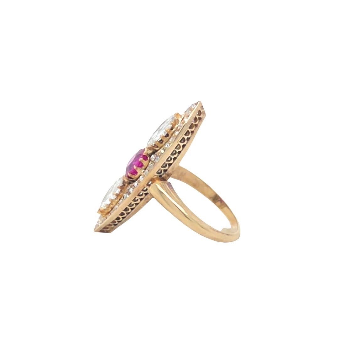 Antique 18K Yellow Gold Navette Ring with Pink Sapphire, Marquise & Rose Cut Dia In Good Condition For Sale In Coral Gables, FL