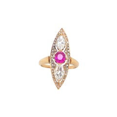 Antique 18K Yellow Gold Navette Ring with Pink Sapphire, Marquise & Rose Cut Dia