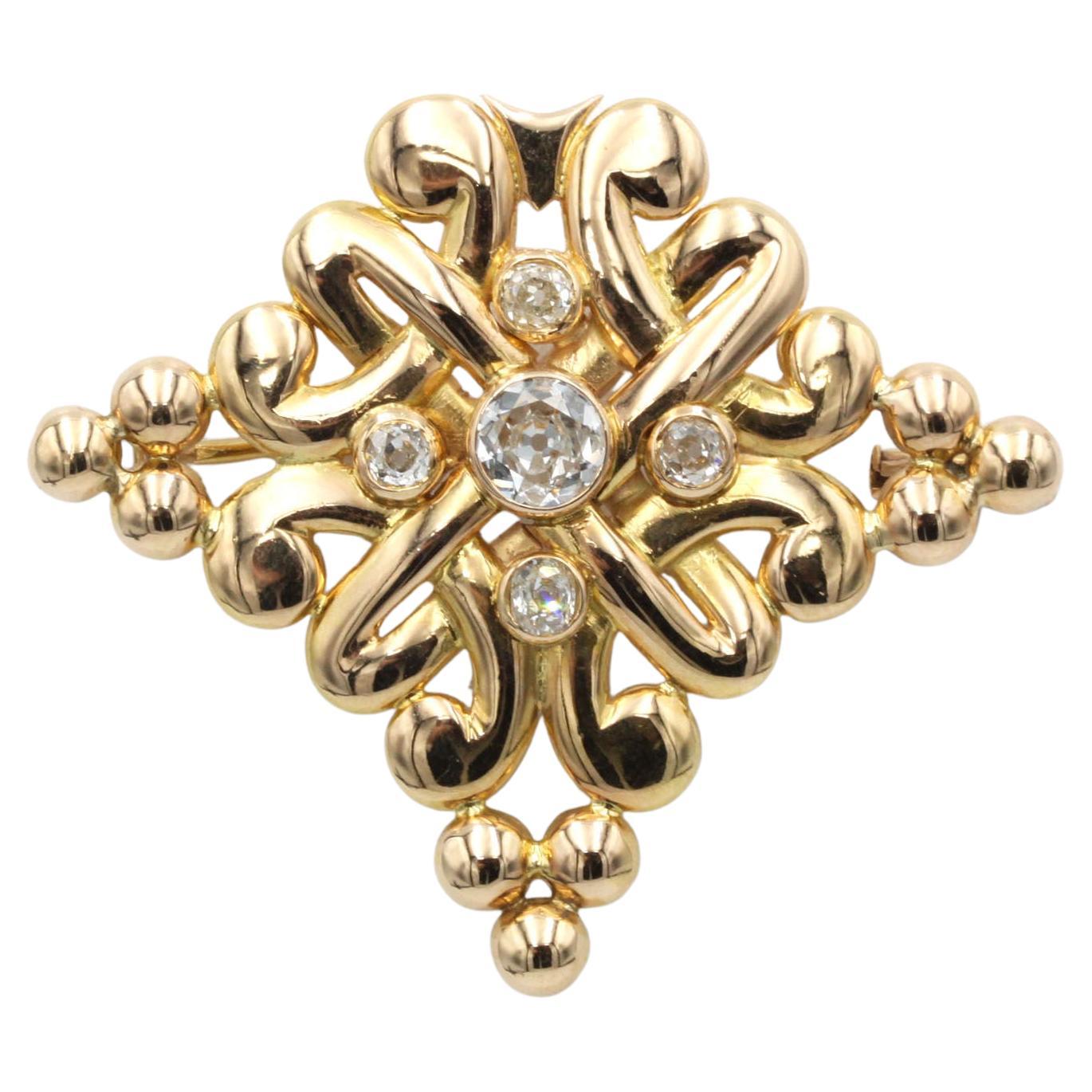 Antica spilla Fleur-de-Lis in oro giallo 18 carati con diamanti a taglio europeo, 1890-1900 ca.
