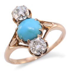 Antique 18k Yellow Gold Old Mine Cut Diamond and Turquoise Ring