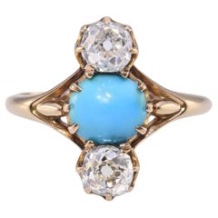 Antique 18k Yellow Gold Old Mine Cut Diamond and Turquoise Ring
