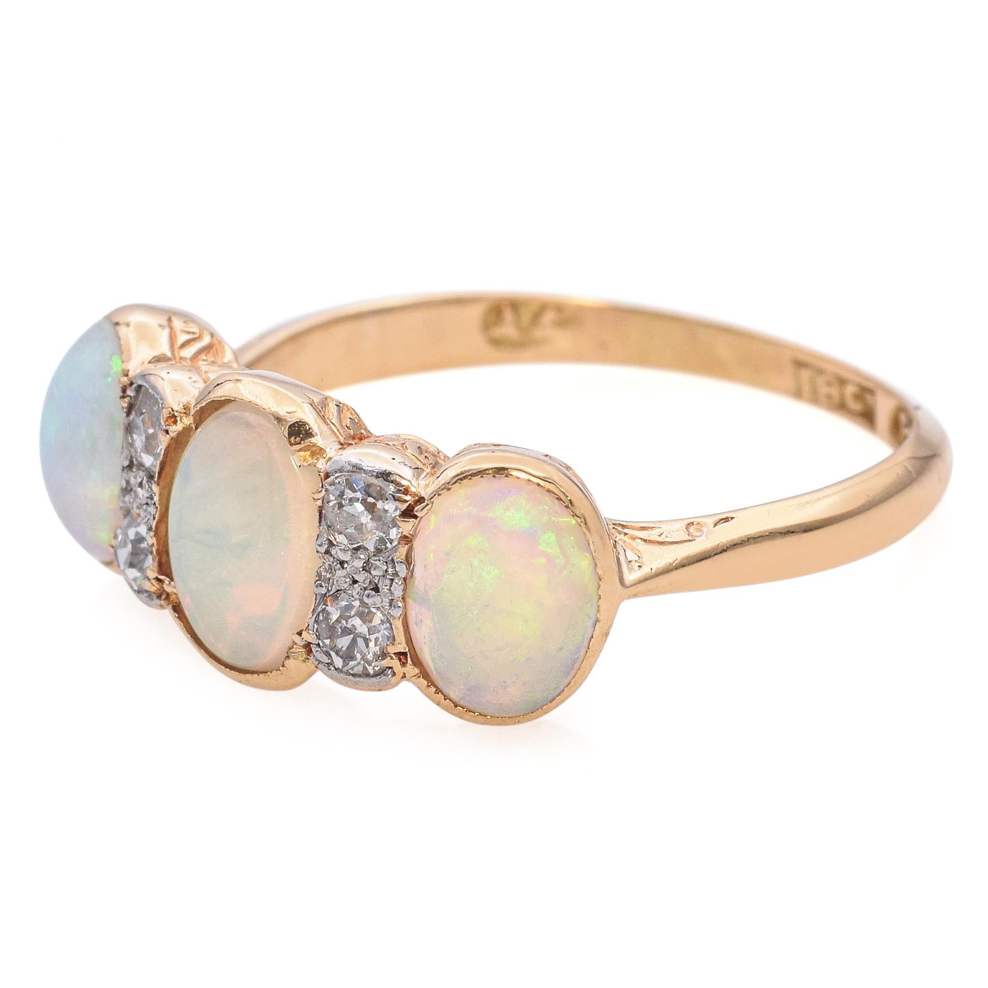 Antique 18K Yellow Gold Opal and Diamond Band Ring In Good Condition In New York, NY