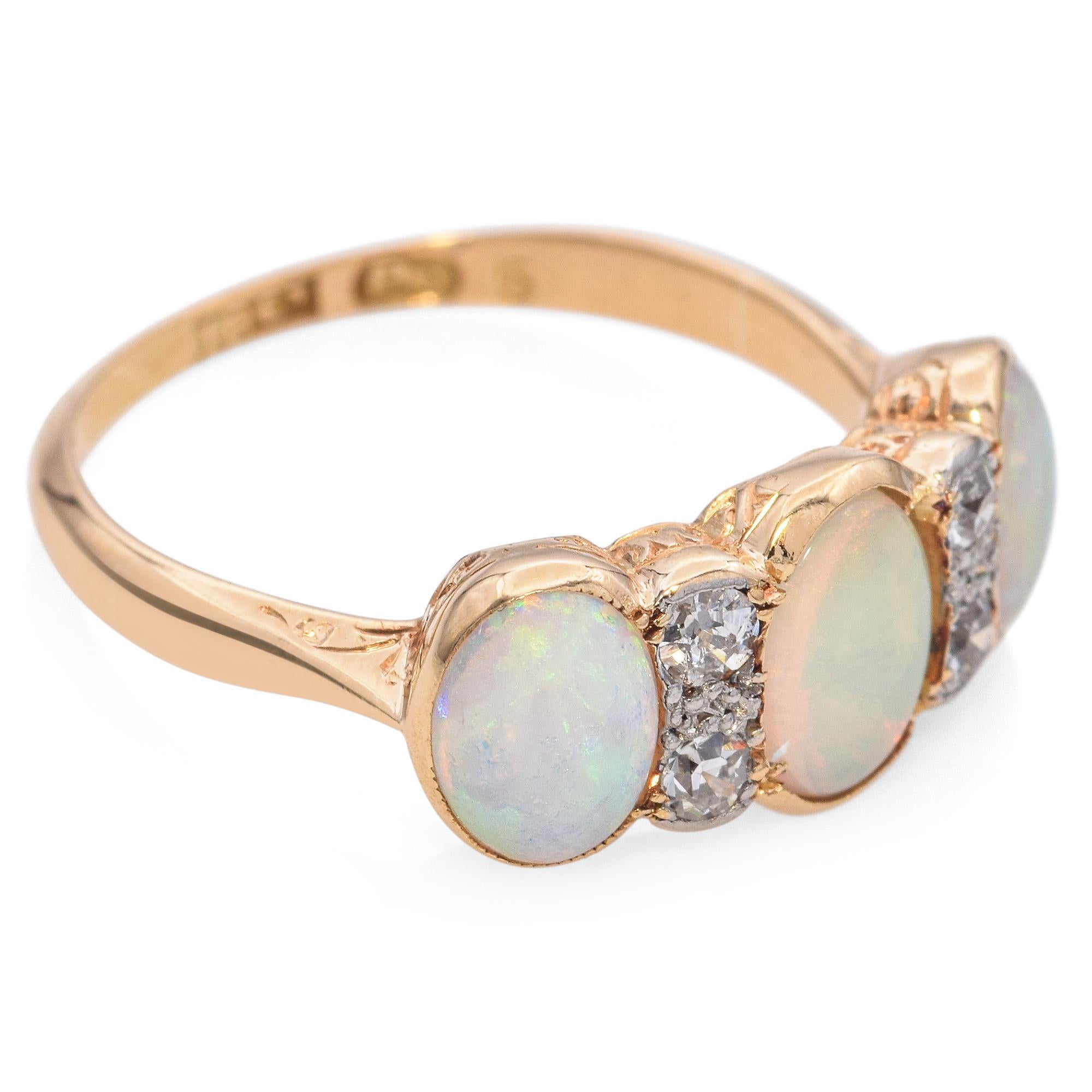 Antique 18K Yellow Gold Opal and Diamond Band Ring 1
