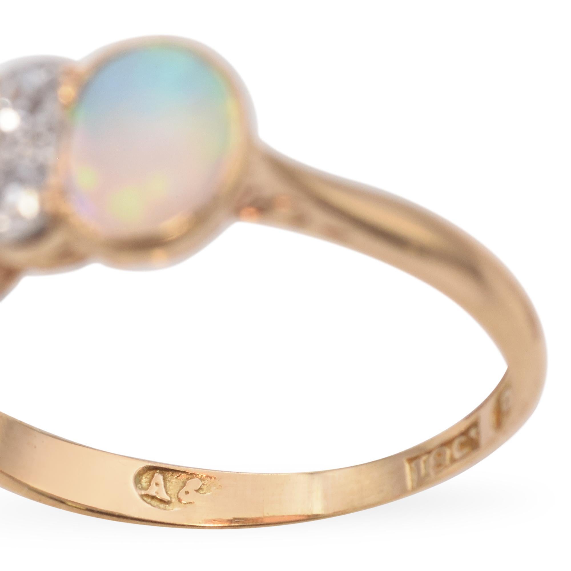 Antique 18K Yellow Gold Opal and Diamond Band Ring 3