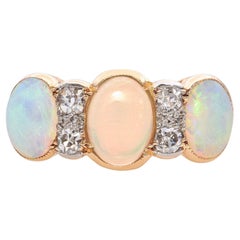 Antique 18K Yellow Gold Opal and Diamond Band Ring