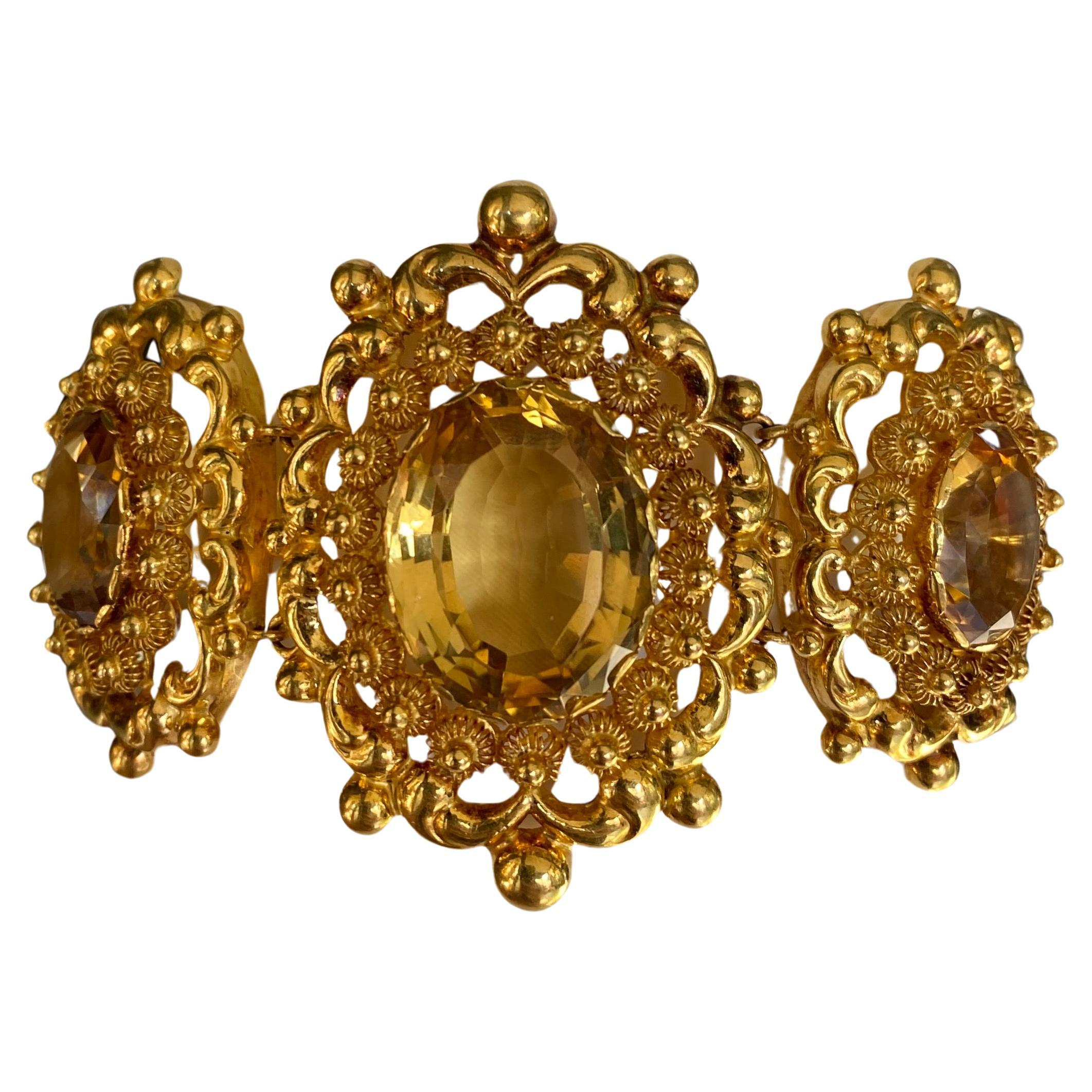 Antique 18k Yellow Gold & Oval Faceted Citrine Bracelet For Sale