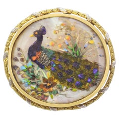 Antique 18k Yellow Gold Peacock Feather Appliqué On Mother Of Pearl Brooch