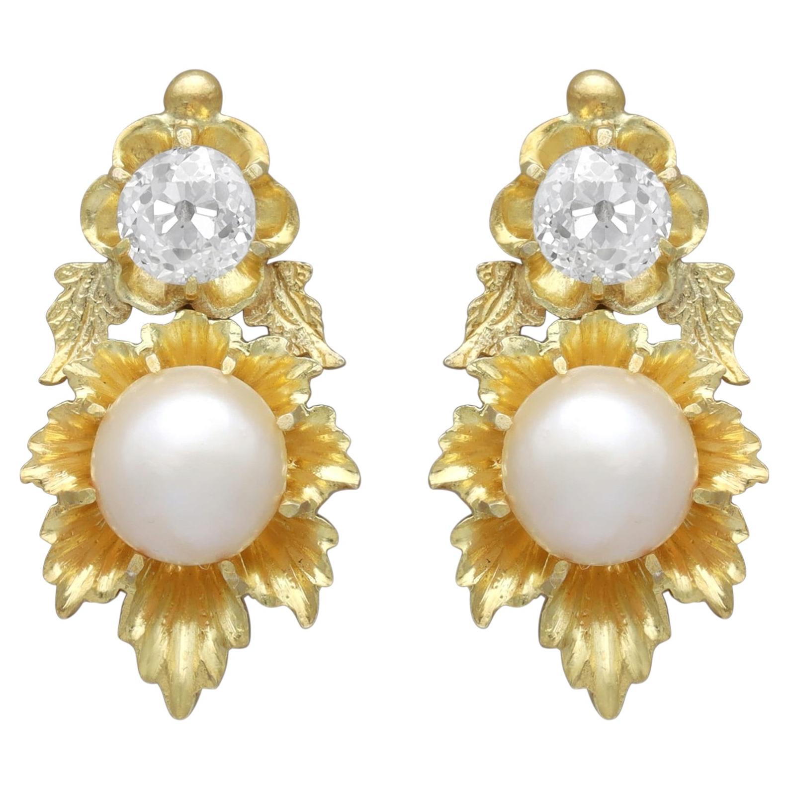 Antique 18k Yellow Gold Pearl and 0.82ct Diamond Earrings, Circa 1900