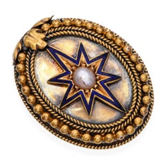 Antique 18k Yellow Gold Pearl and Enamel Star Brooch