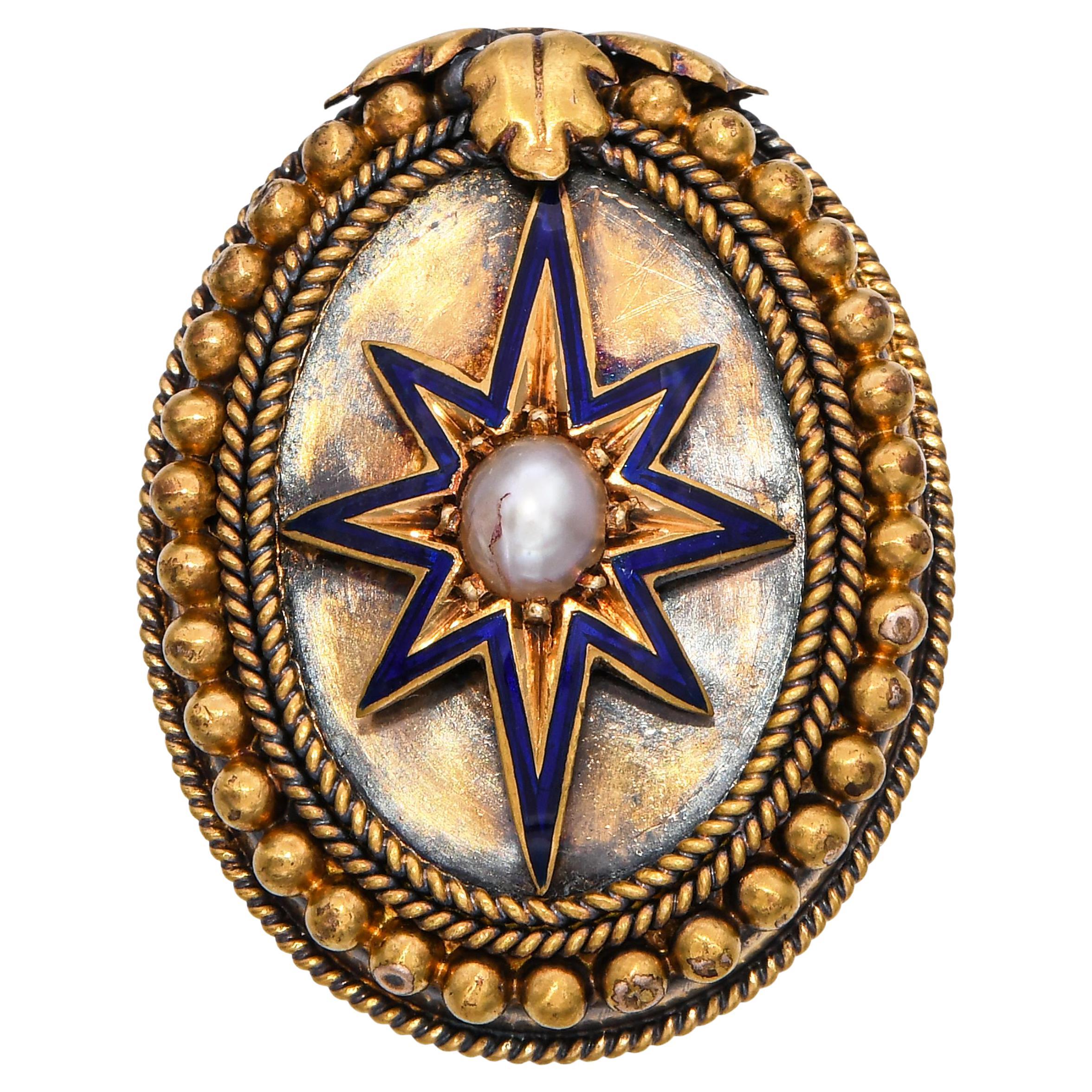 Broche ancienne en or jaune 18k avec perles et émail en forme d
étoile