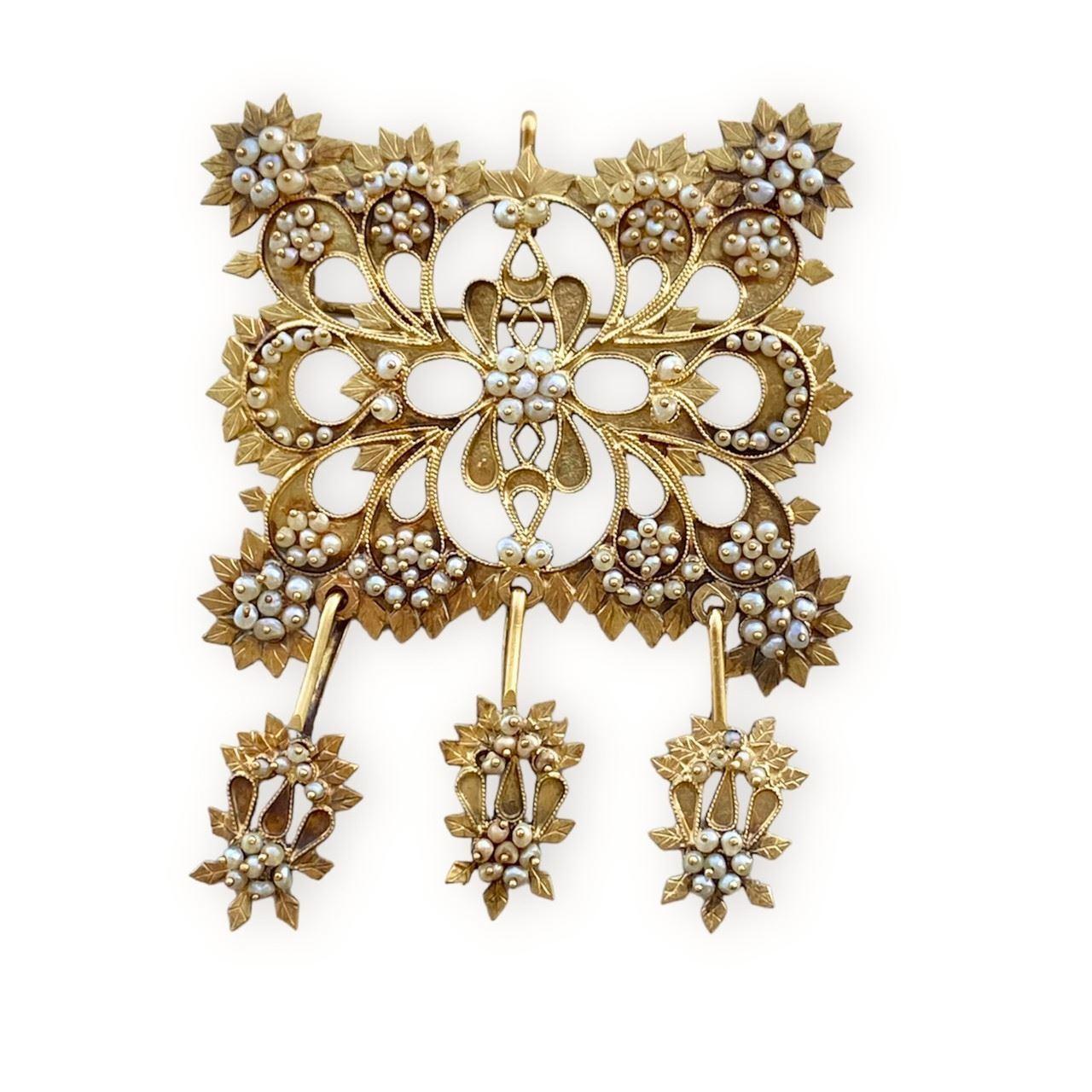 Broche et pendentif ancien en or jaune 18 carats avec perle  Unisexe en vente