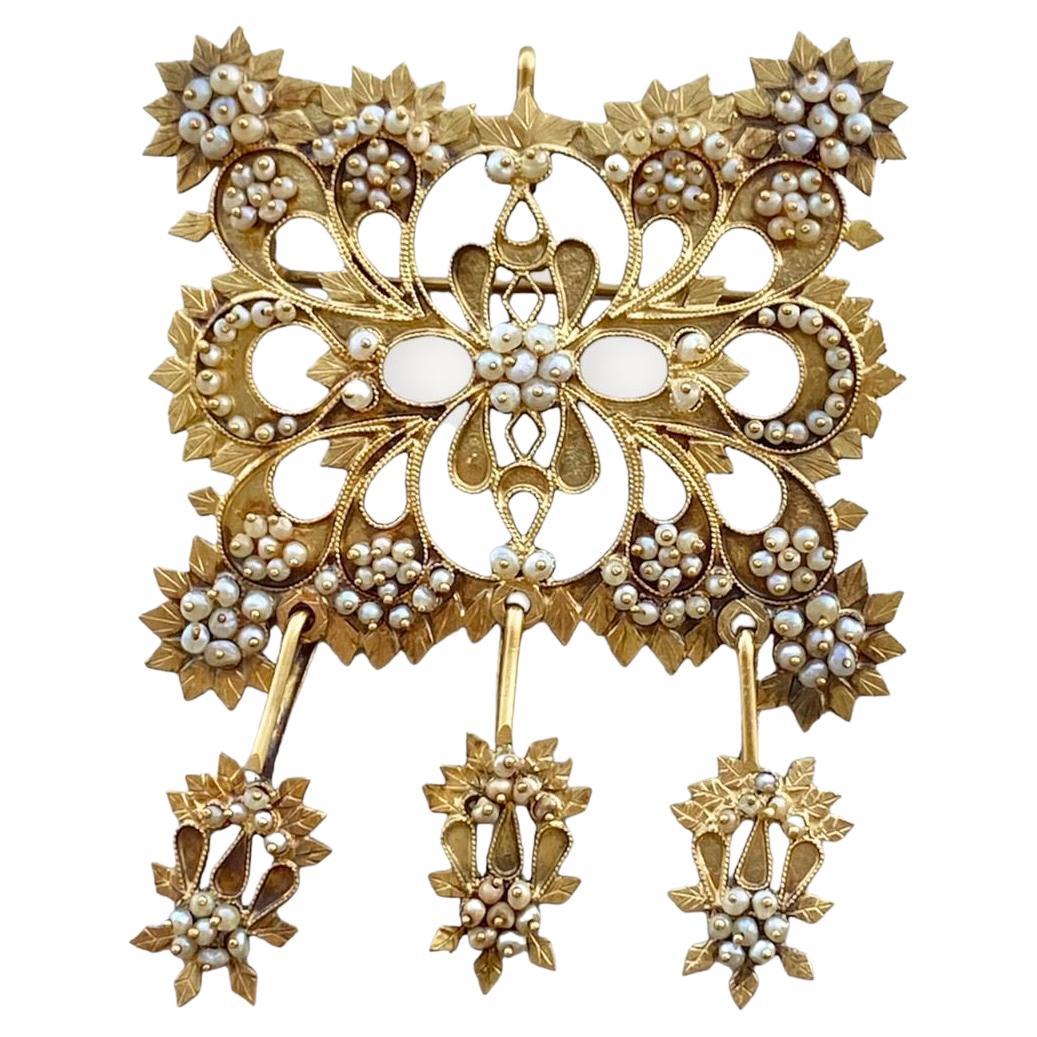 Broche et pendentif ancien en or jaune 18 carats avec perle 