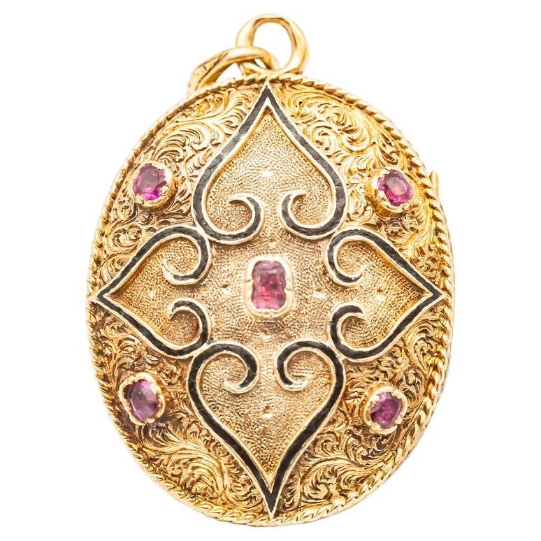 Antique 18K Yellow Gold Photo Holder Pendant with Rubies and Fine Pearls