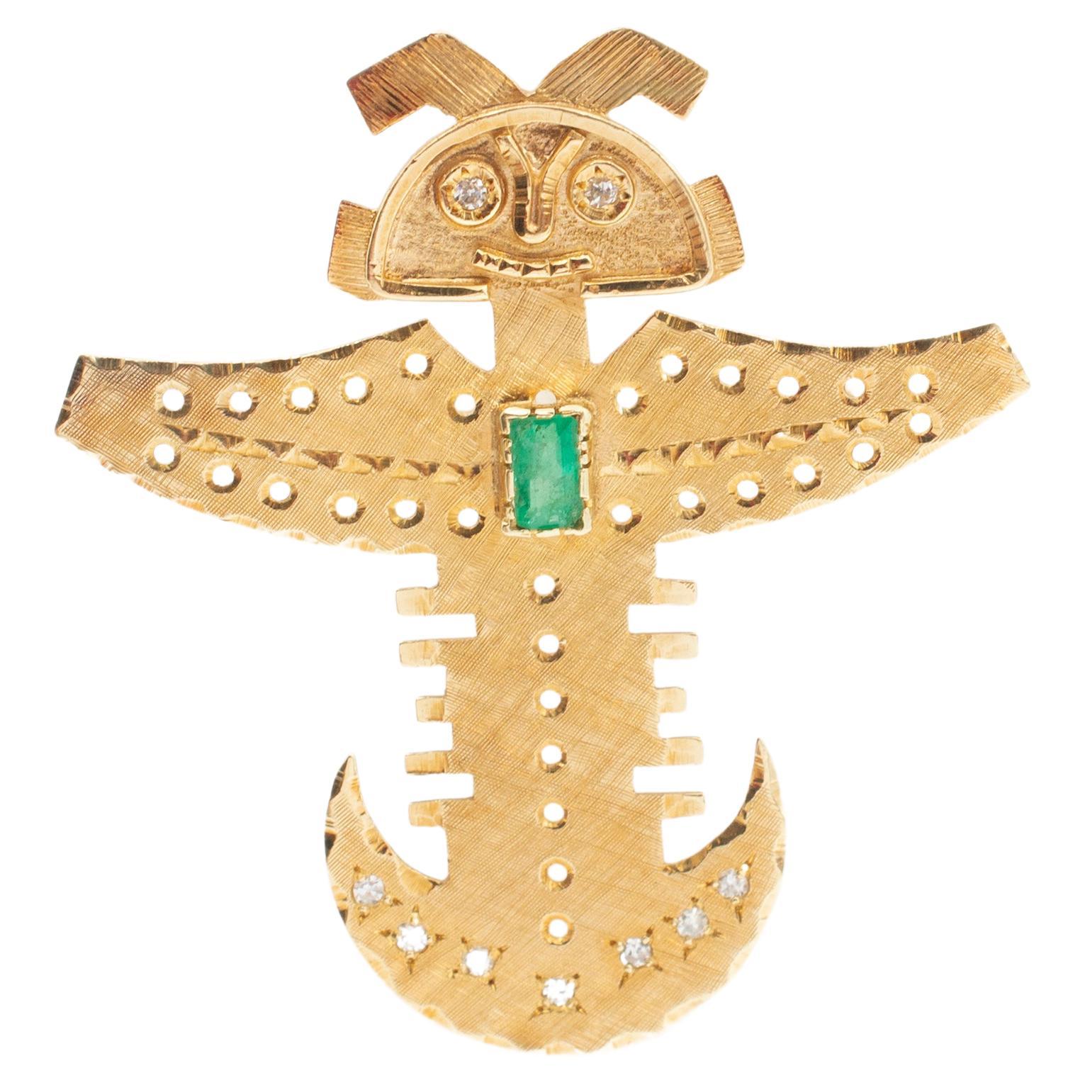 Diamond Emerald Safety Pin Brooch Vintage 18k Gold Pendant Baby Push