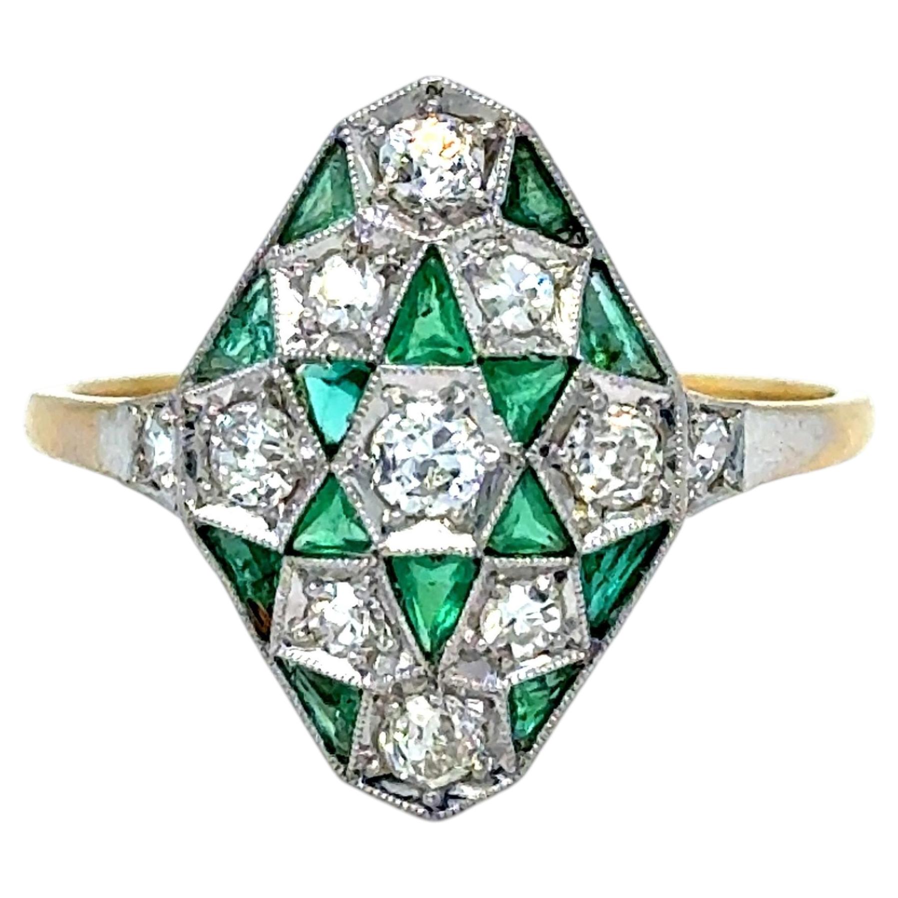 Antique 18K Yellow Gold/ Platinum Diamond and Emerald Ring Engagement Ring.