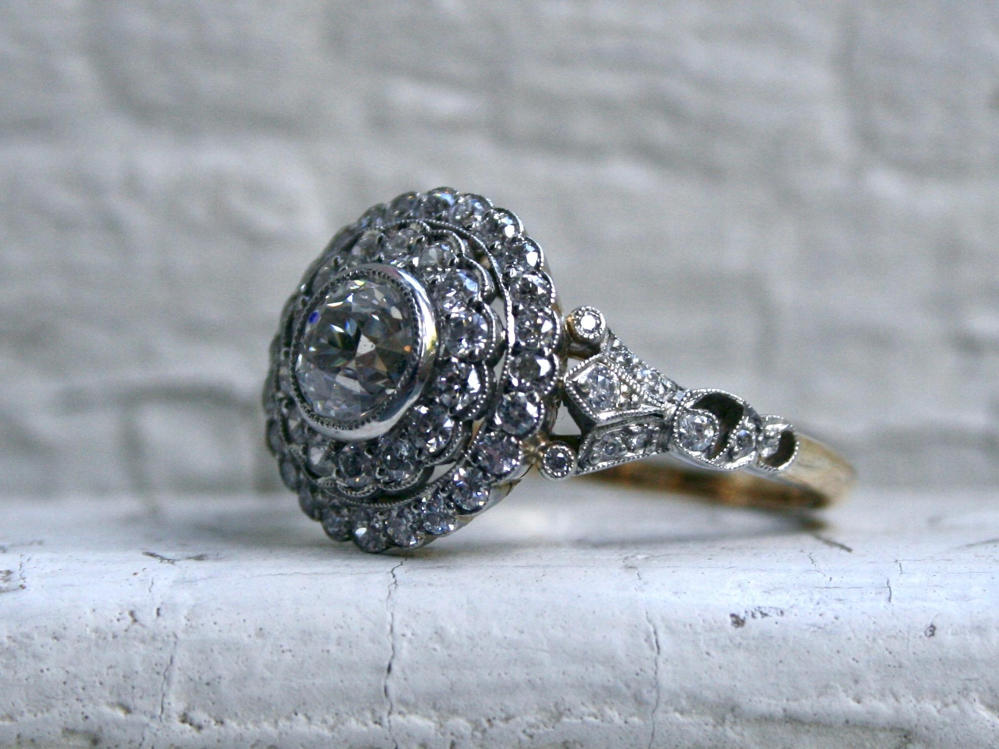 Edwardian Antique 18 Karat Yellow Gold / Platinum Diamond Cluster Ring, 2.93 Carat