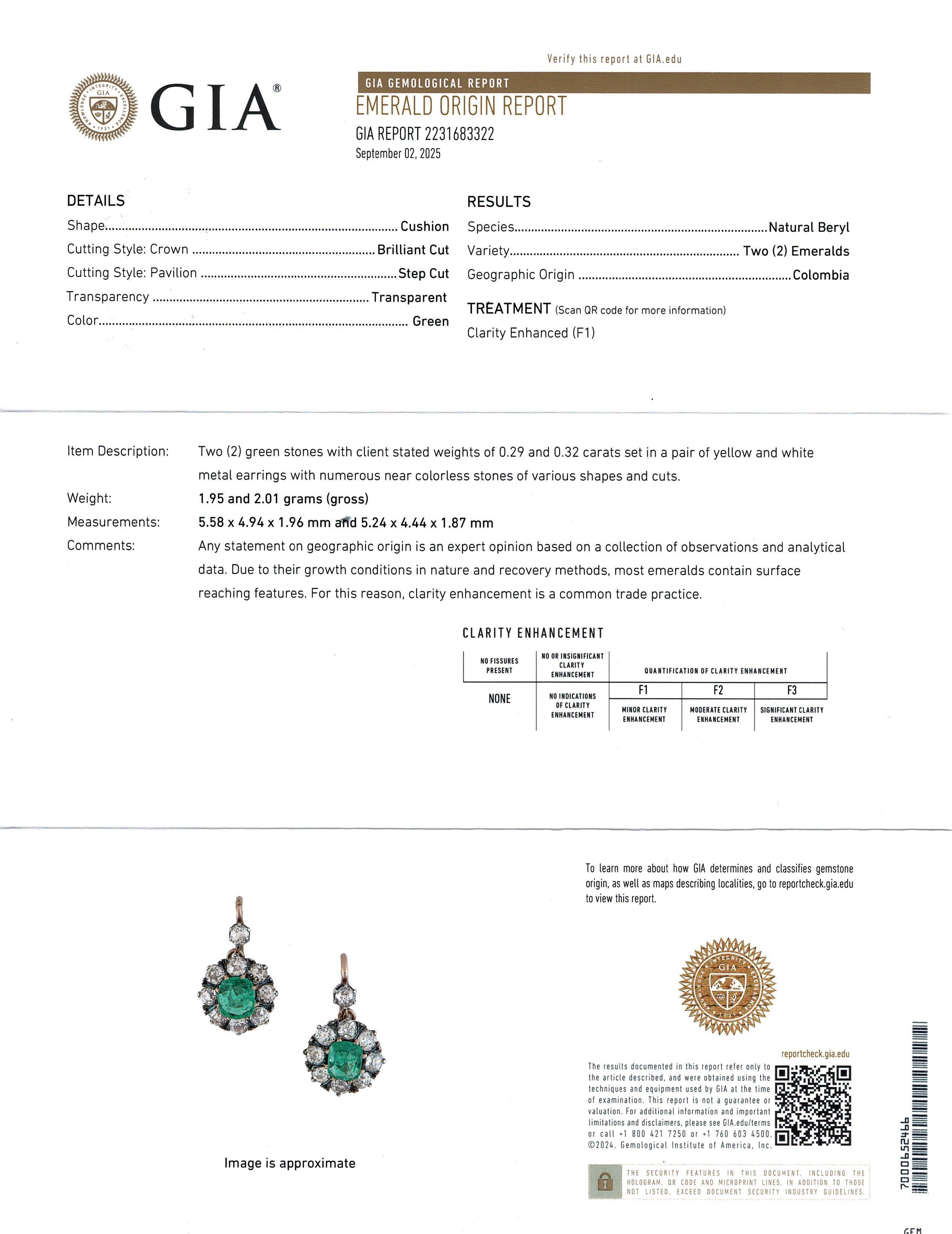 Boucles d'oreilles anciennes en or jaune 18k et platine avec émeraude colombienne et diamant GIA Bon état - En vente à New York, NY