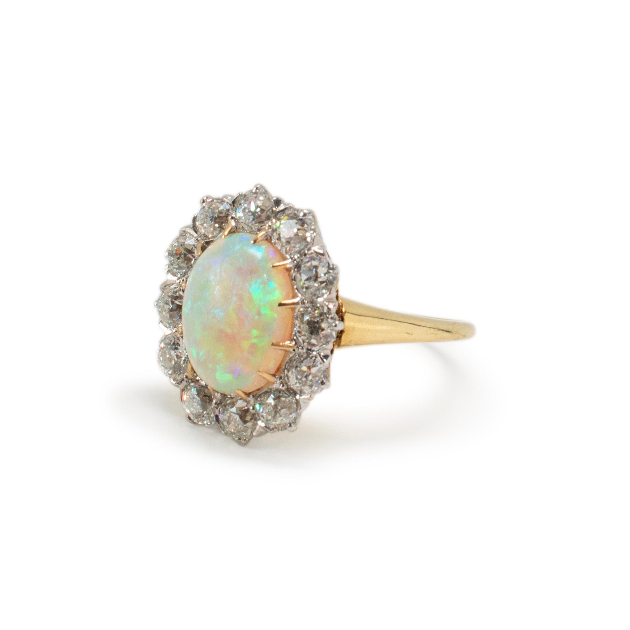 Oval Cut Antique 18K Yellow Gold & Platinum GIA Opal Old Miner Cut Diamond Cocktail Ring For Sale