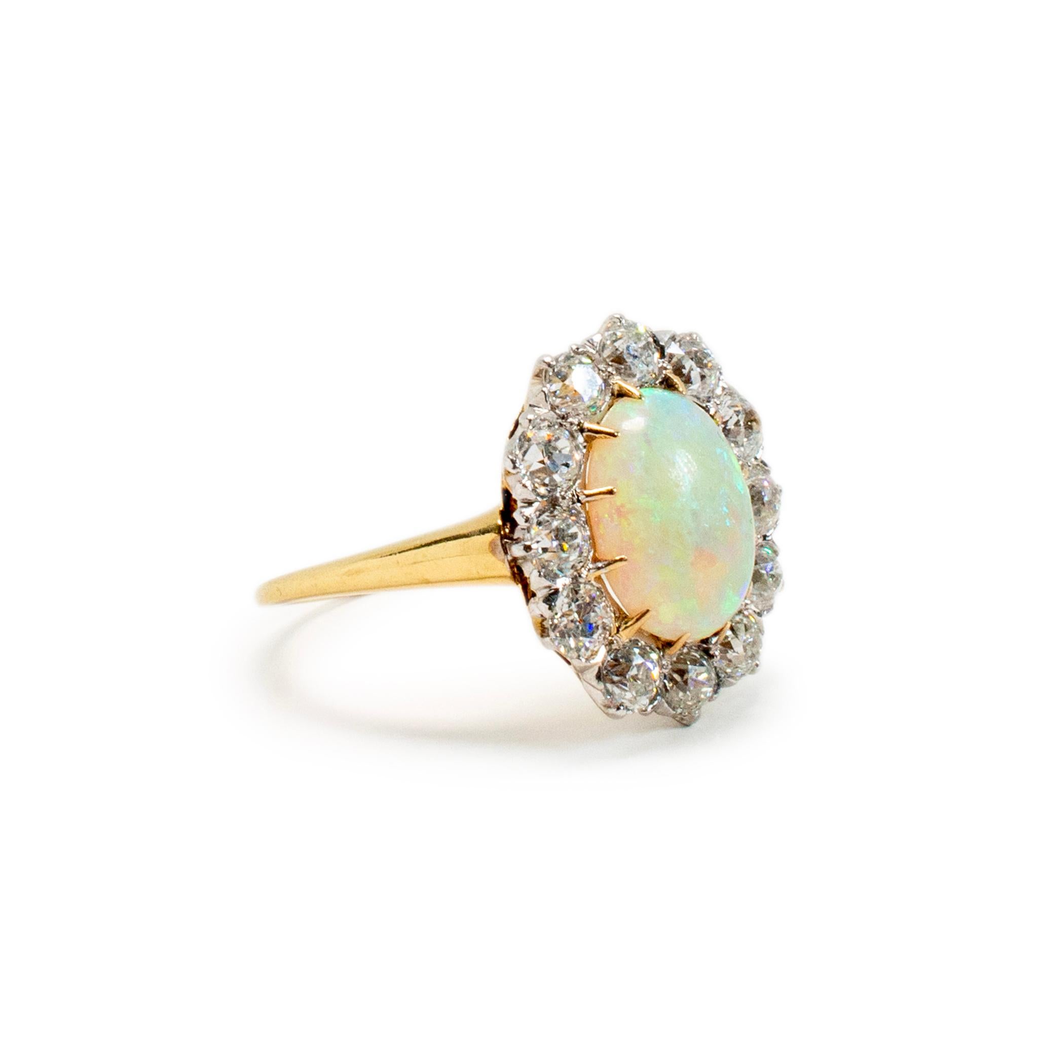 Antique 18K Yellow Gold & Platinum GIA Opal Old Miner Cut Diamond Cocktail Ring In Excellent Condition For Sale In Houston, TX