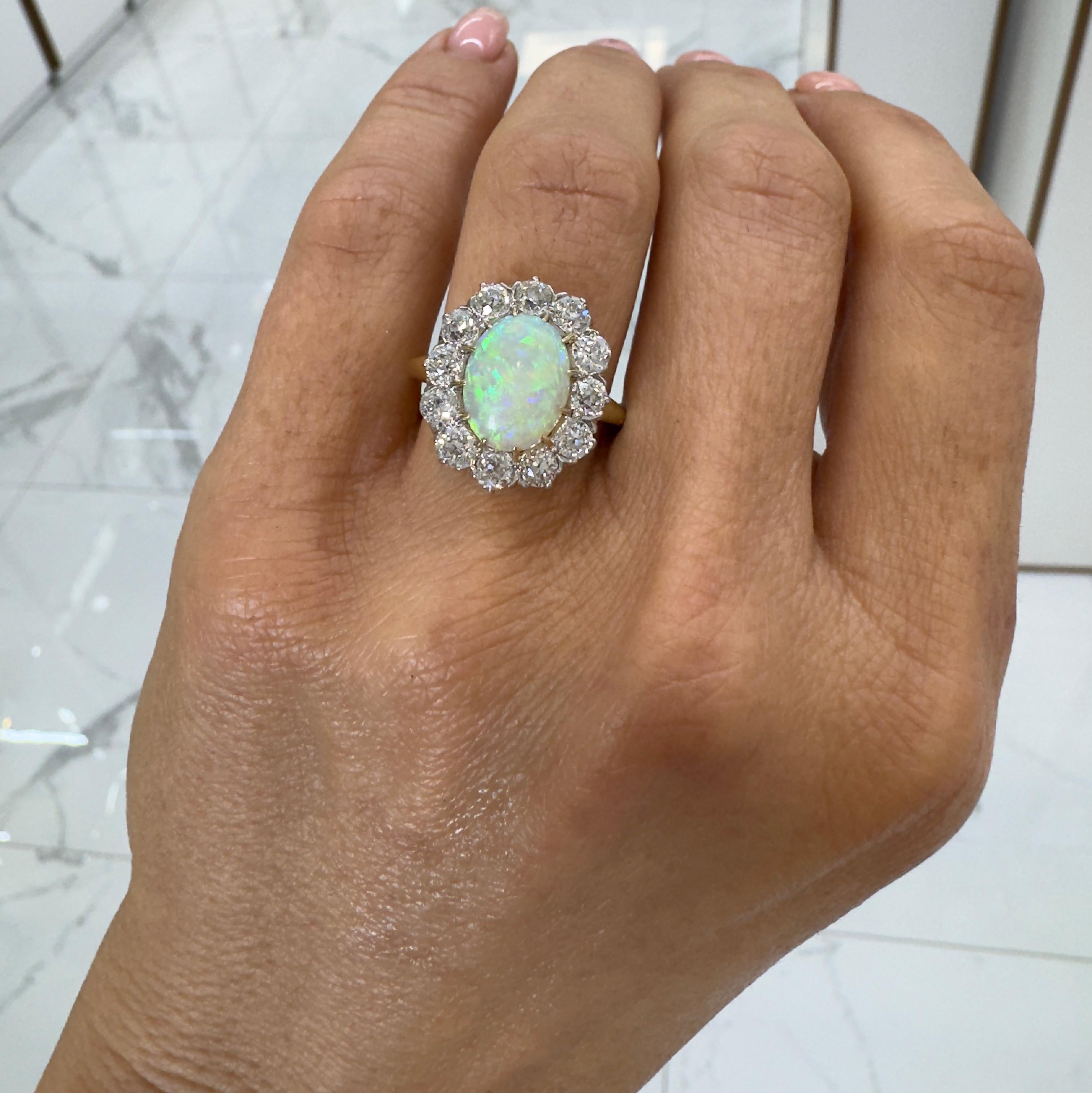 Antique 18K Yellow Gold & Platinum GIA Opal Old Miner Cut Diamond Cocktail Ring For Sale 3
