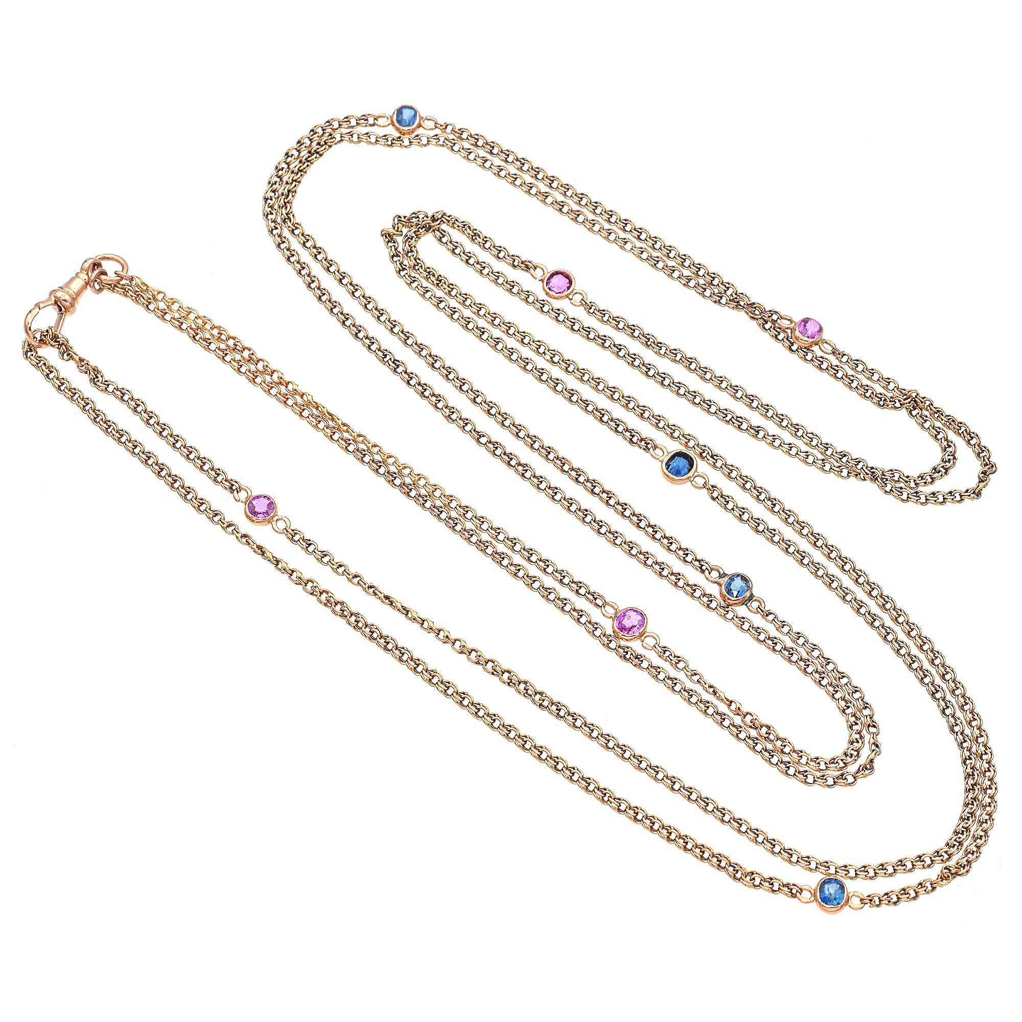 Victorian Antique 18K Yellow Gold Pocket Watch Chain With Pink and Blue Sapphire Accents For Sale