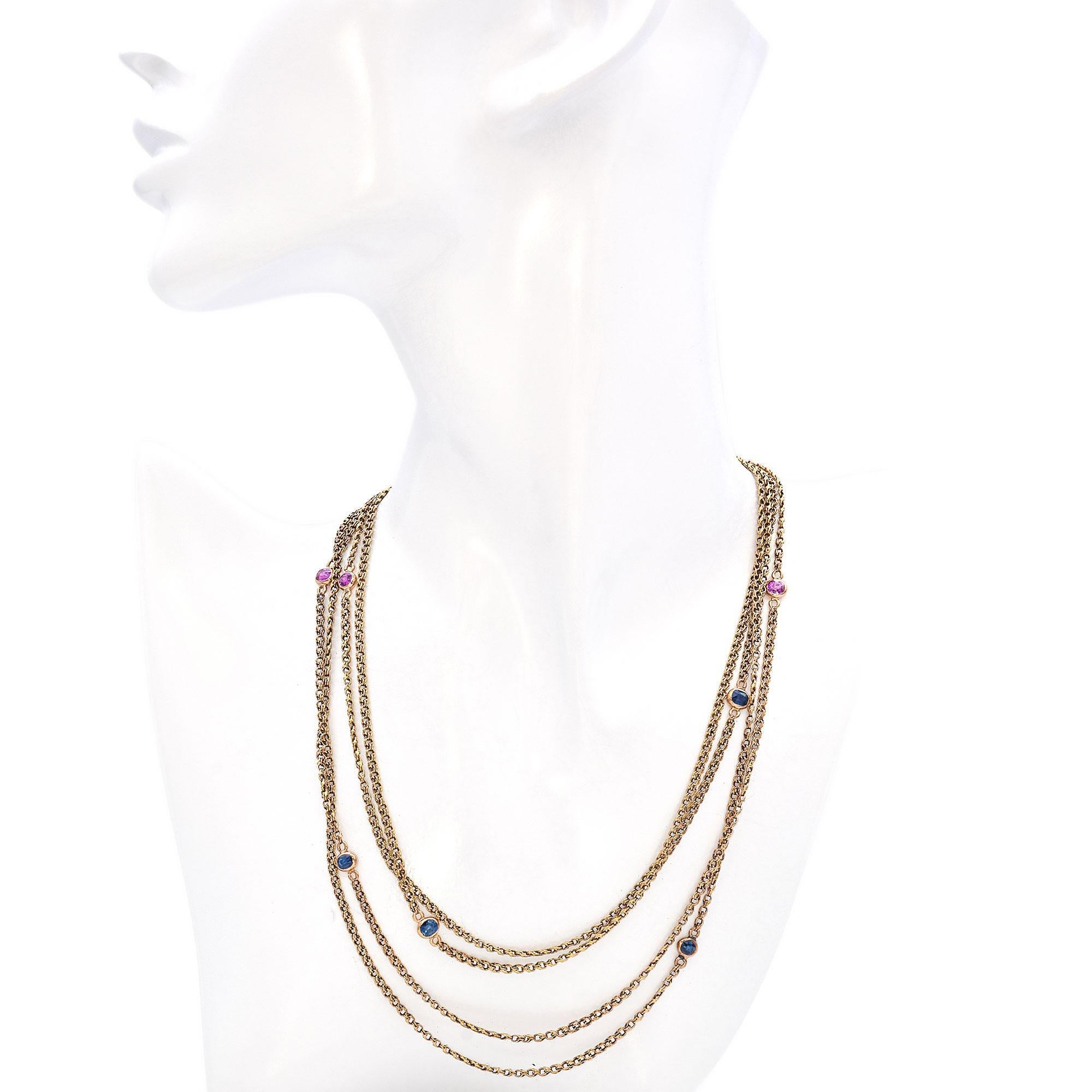 Antique 18K Yellow Gold Pocket Watch Chain With Pink and Blue Sapphire Accents In Good Condition For Sale In New York, NY