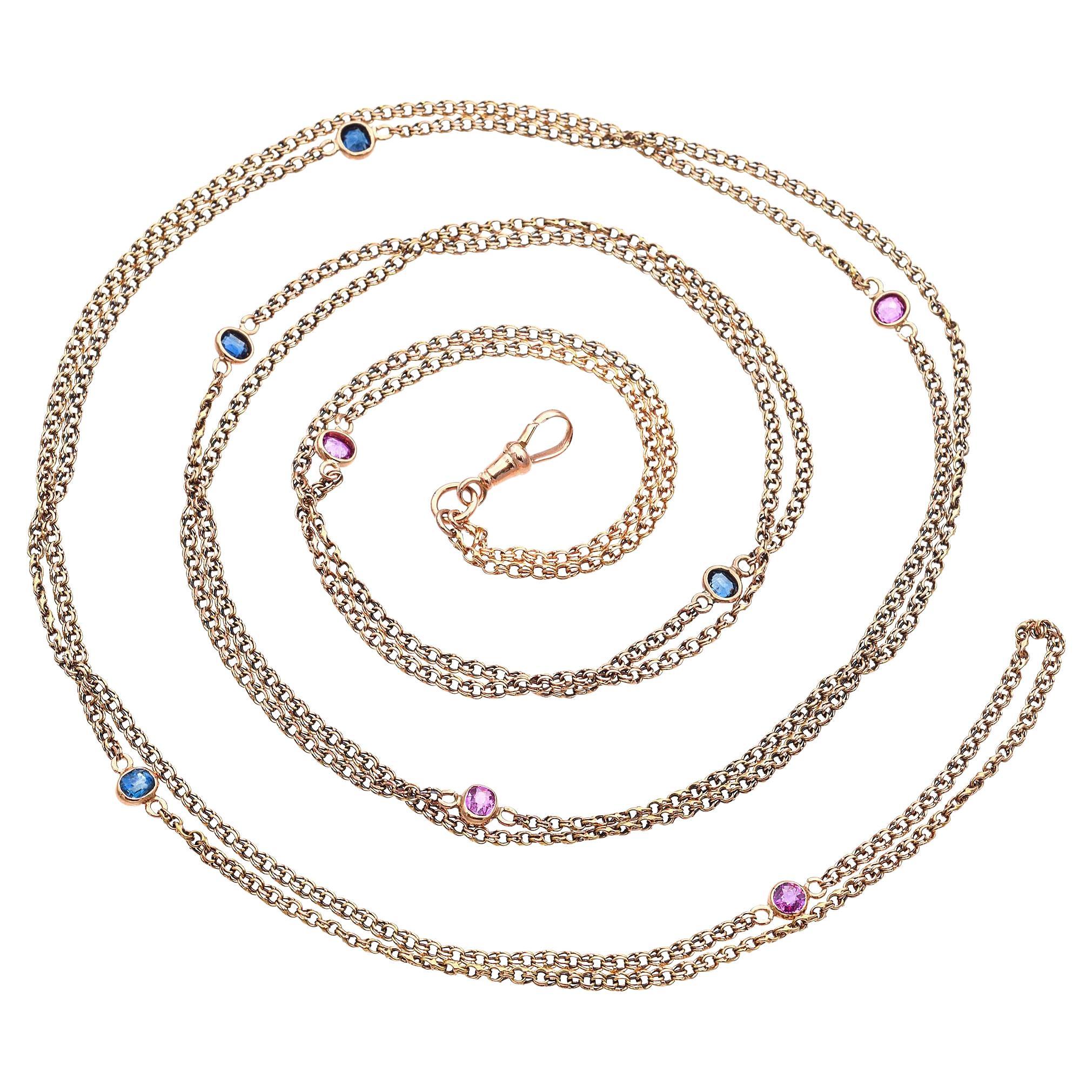 Antique 18K Yellow Gold Pocket Watch Chain With Pink and Blue Sapphire Accents For Sale