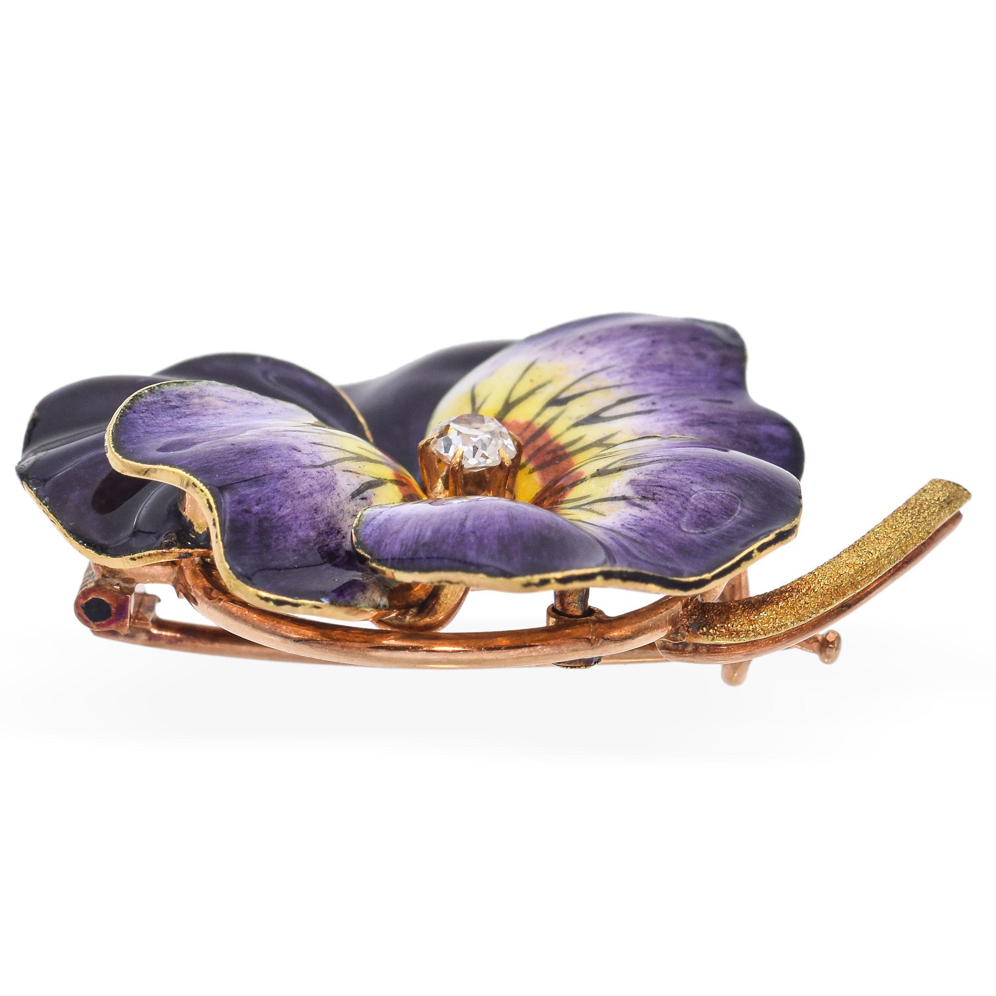 Old Mine Cut Antique 18K Yellow Gold Purple Pansy Enamel Brooch For Sale