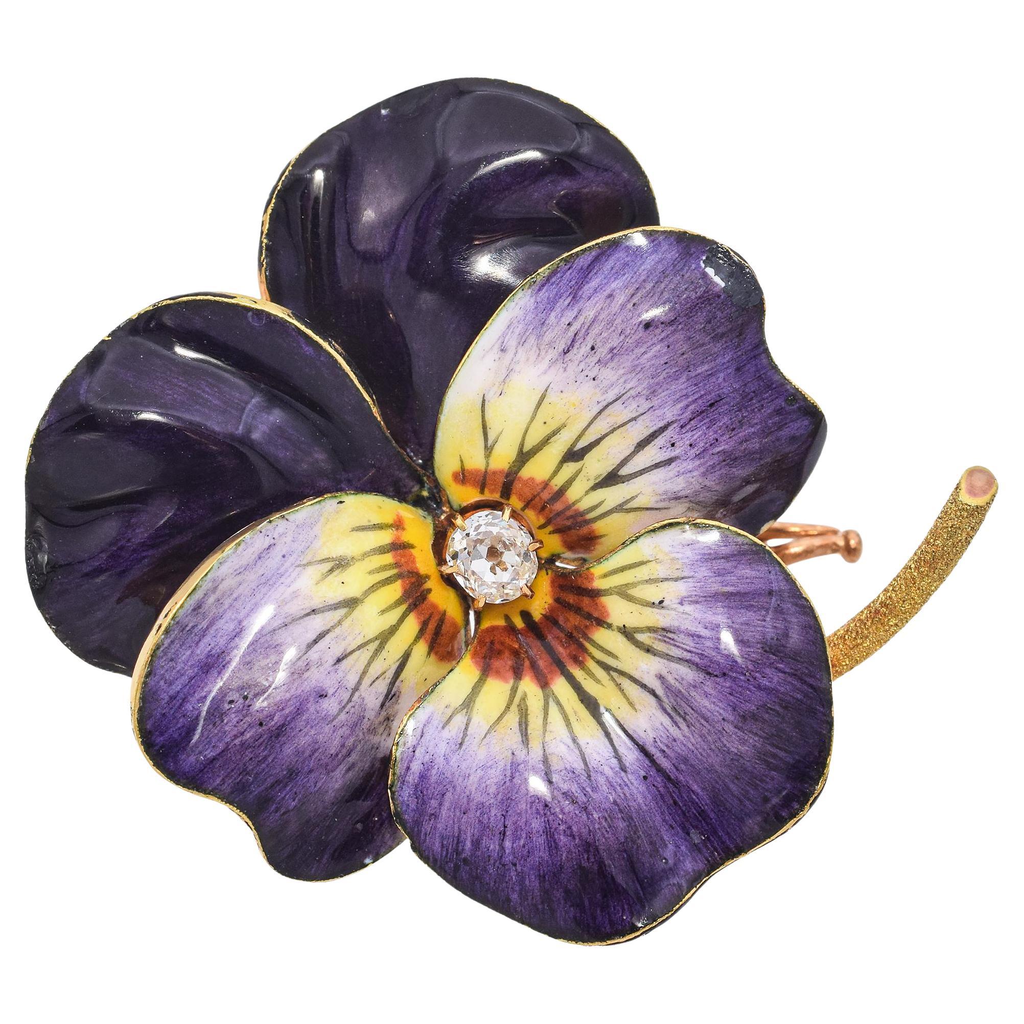 Broche antiguo de oro amarillo de 18 quilates con esmalte de pensamientos morados