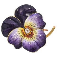 Broche antiguo de oro amarillo de 18 quilates con esmalte de pensamientos morados