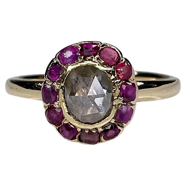 Antique 18K Yellow Gold Rose Cut Diamond Ruby Cluster Ring at 1stDibs