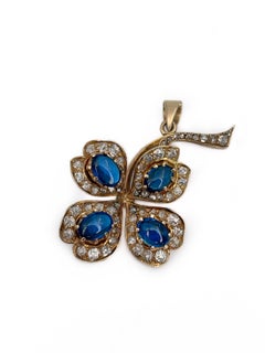 Antique 18K Yellow Gold Sapphire Rose Cut Diamond Four Leaf Clover Pendant