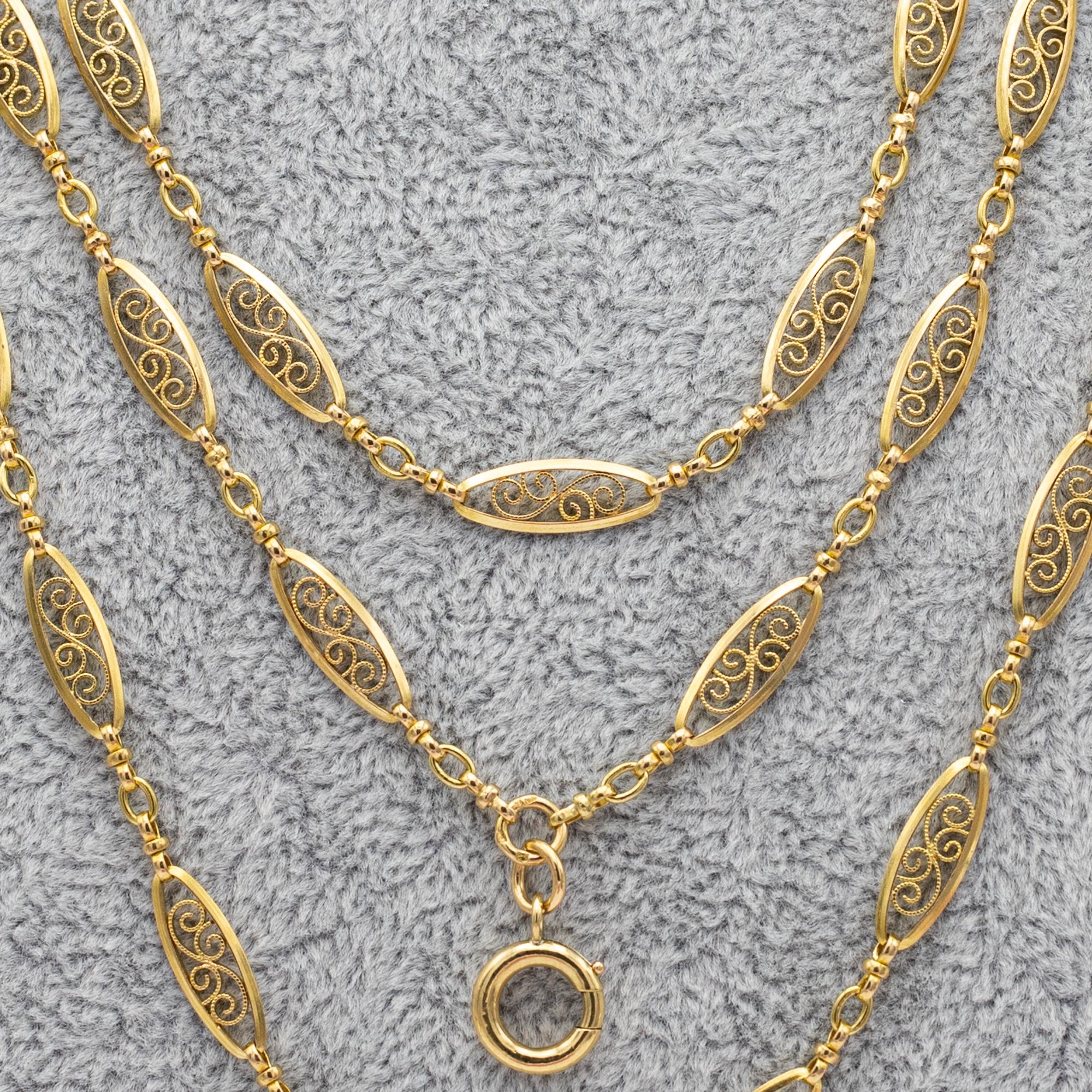 Antique 18k gold Sautoir necklace, 155cm long guard, Victorian double rope chain 5